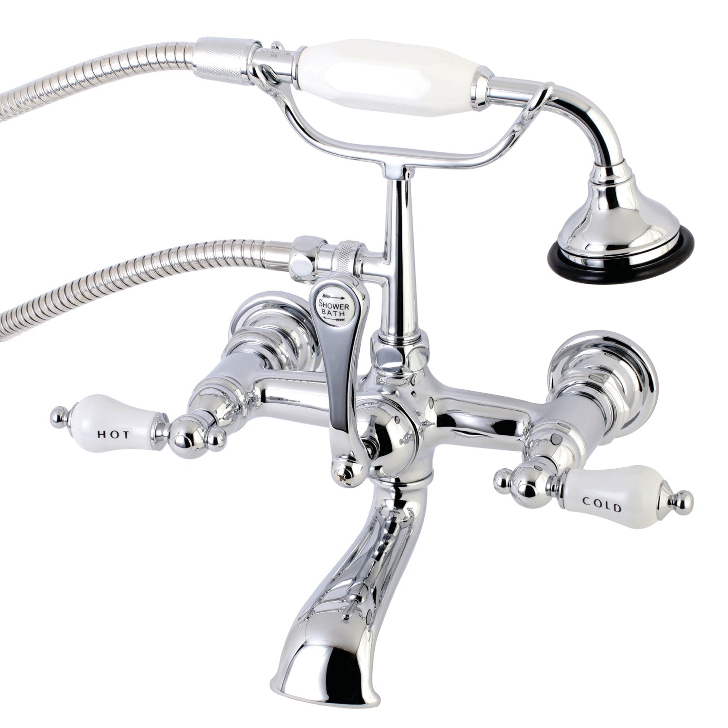 Vintage Clawfoot Tub Faucet with Hand Shower - 3 Handle 2 Hole Wall Mount Bathroom Fixture in Polished Chrome - Perfect for Antique & Classic Bathroom Renovations