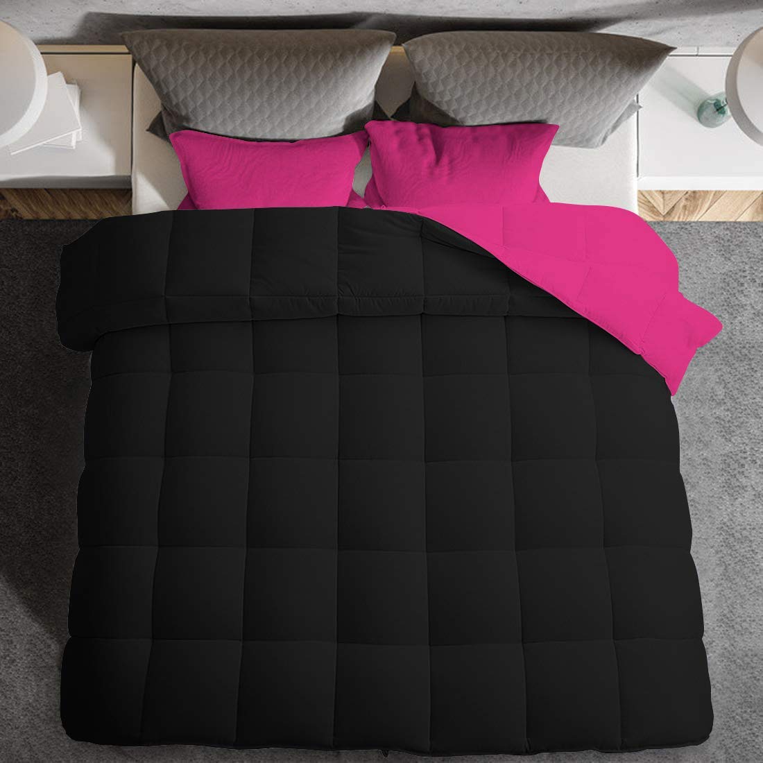 All-Season 3-Piece Reversible Down Alternative Comforter Set - 500 GSM Soft Cotton Quilted Bedding | Queen/Full Size in Black & Hot Pink | Perfect for Year-Round Comfort in Bedroom, Guest Room & Dorm