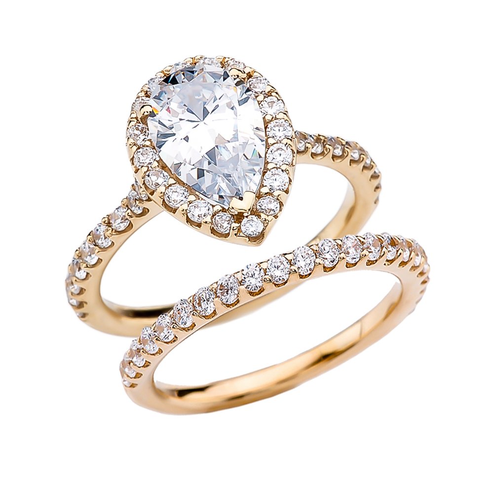 14K Yellow Gold Pear Cut Cubic Zirconia Solitaire Engagement & Wedding Ring Set for Women - Elegant Bridal Jewelry Gift for Proposal, Anniversary & Special Occasions