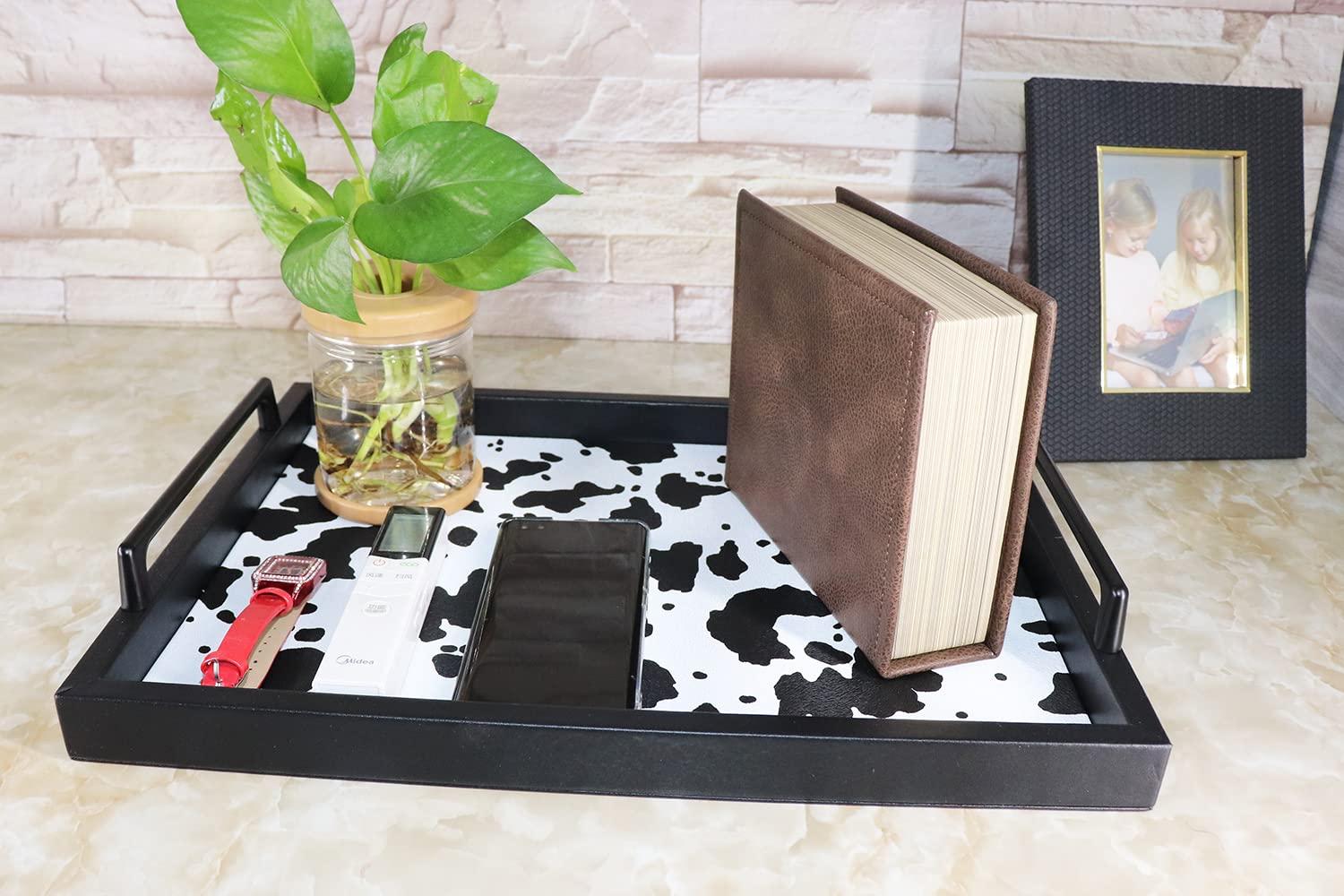 MCBZ Leather Decorative Serving Tray for Coffee Table - 16.5 x 12.6 Inches Black Tray with Metal Handles - Perfect for Living Room Decor, Dining Table Centerpiece & Gift Giving