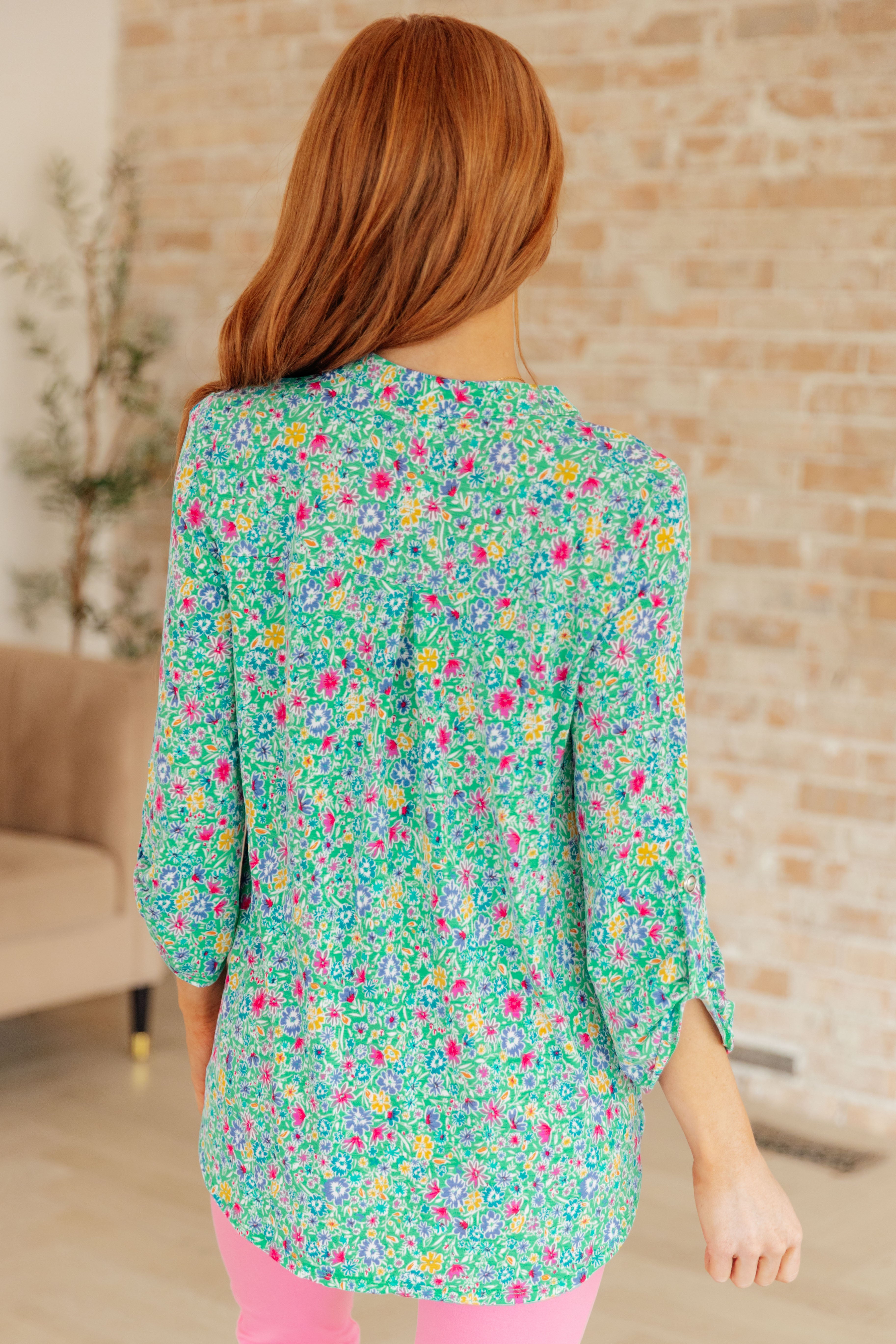 Emerald Green Floral Print Lizzy Gabby Women's Blouse - Perfect for Spring Outfits, Casual Wear & Office Attire