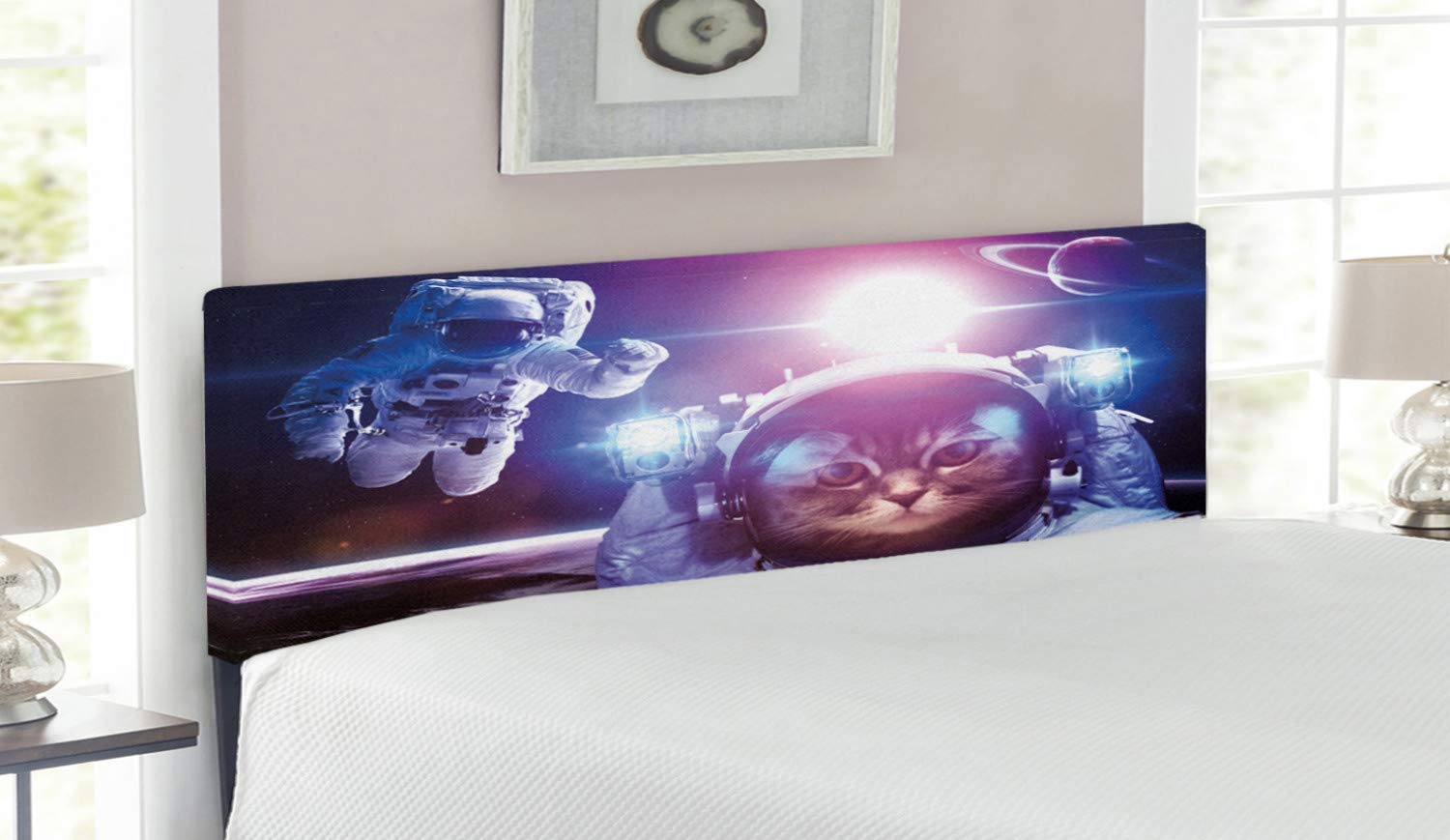 Ambesonne Space Cat Headboard - Astronaut & Nebula Galaxy Design with Saturn Eclipse, Upholstered Metal Bed Frame with Memory Foam - Queen Size Dark Blue Purple - Perfect for Kids' Bedroom & Space-Themed Decor