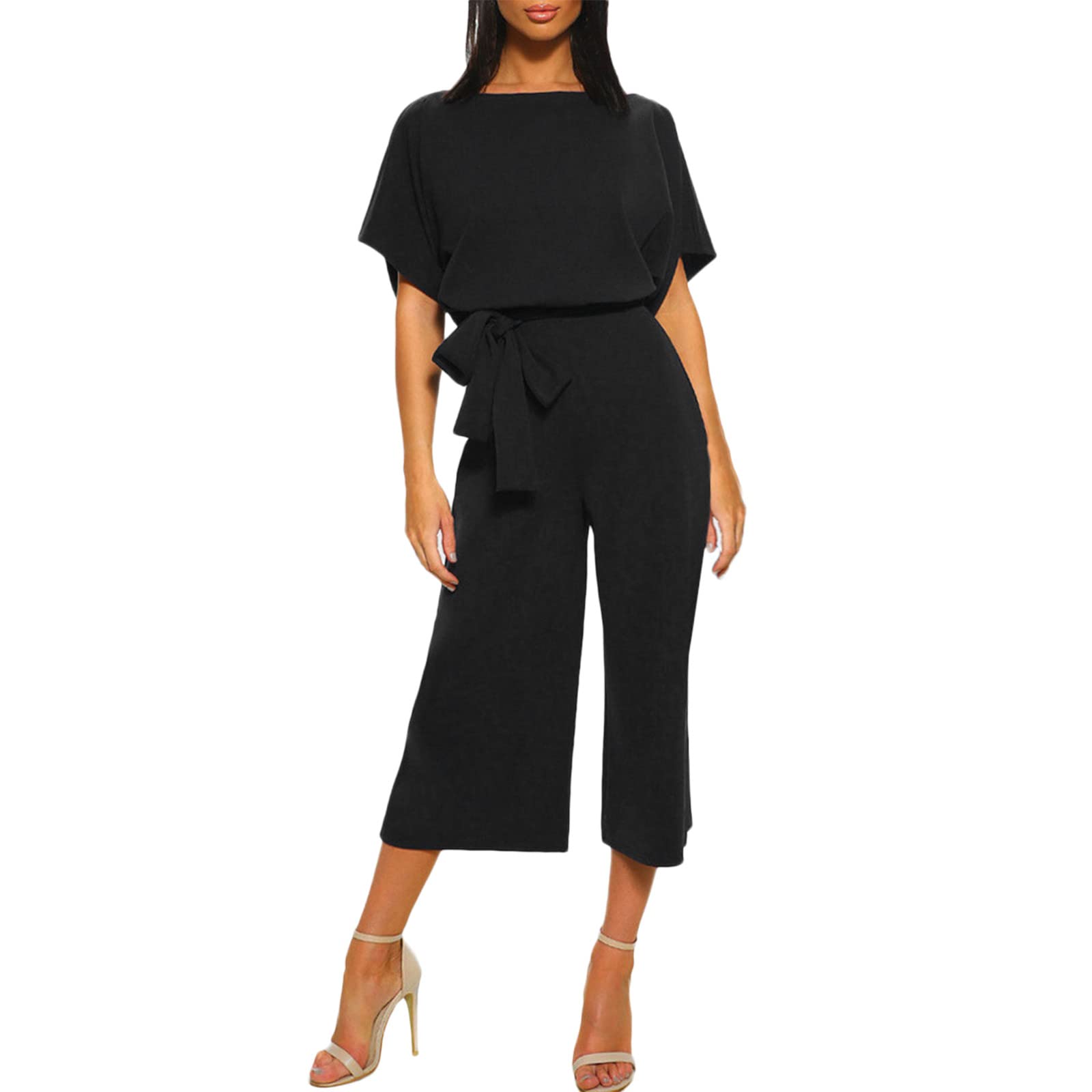 Women's Casual Round Neck Solid Color Jumpsuit with Short Sleeves, Belted Waist & Wide Leg Pants - Perfect for Summer Outings, Beach Vacations and Everyday Wear