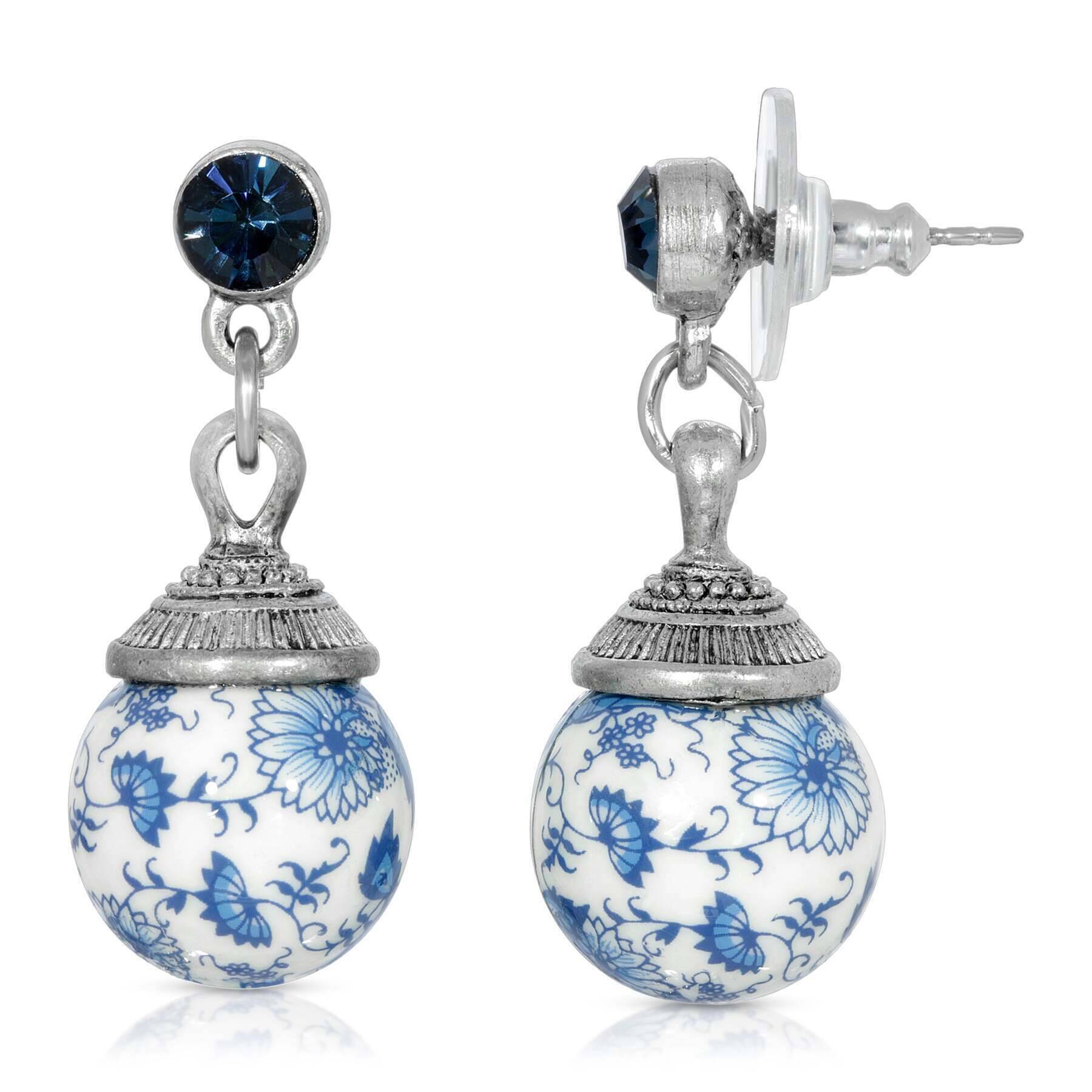 1928 Blue Willow Round Beaded Post Drop Earrings - Vintage Inspired Jewelry for Women, Perfect for Weddings, Parties & Special Occasions