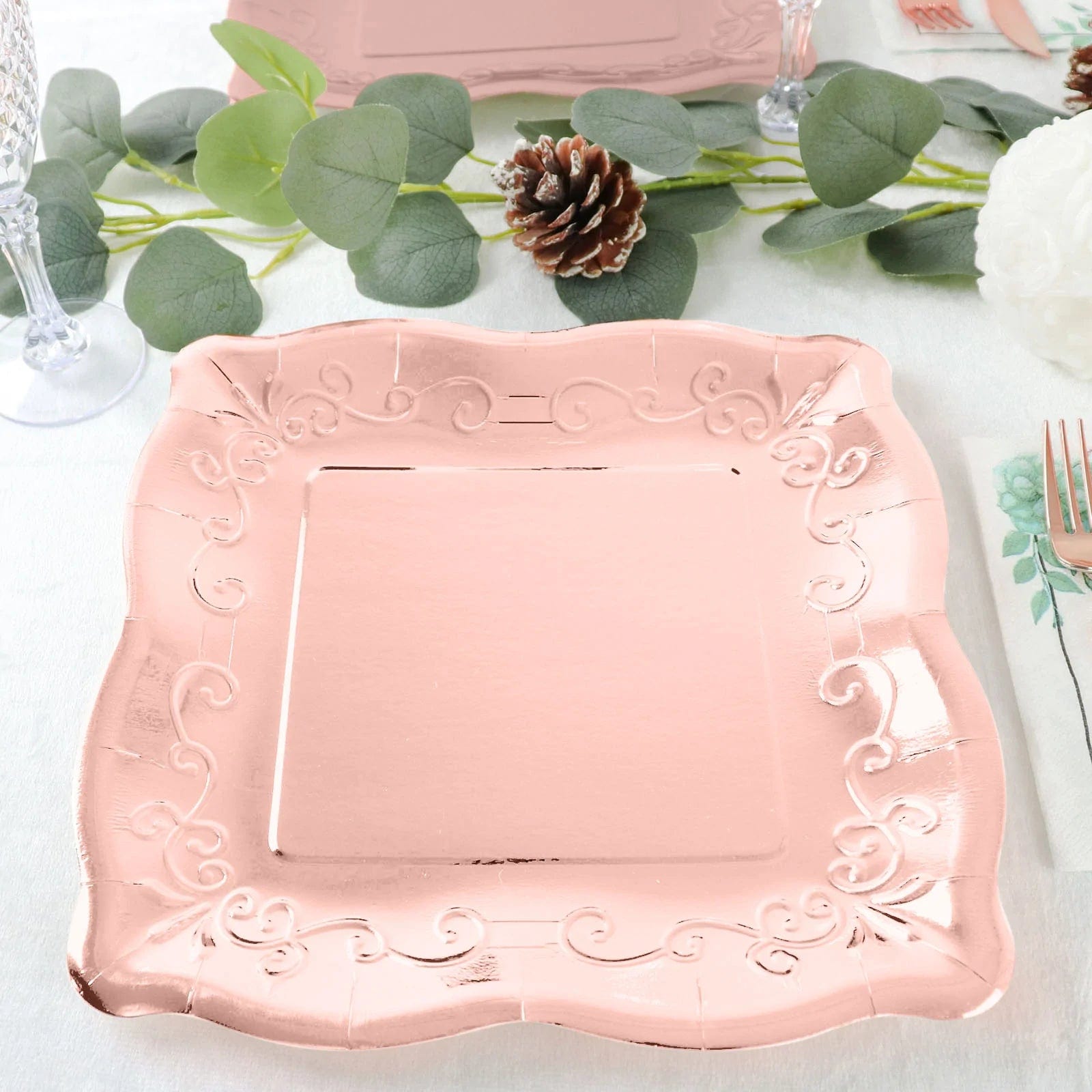 25 Pack Square Disposable Dessert Plates with Elegant Scroll Design - Perfect for Parties, Weddings, and Dinner Events