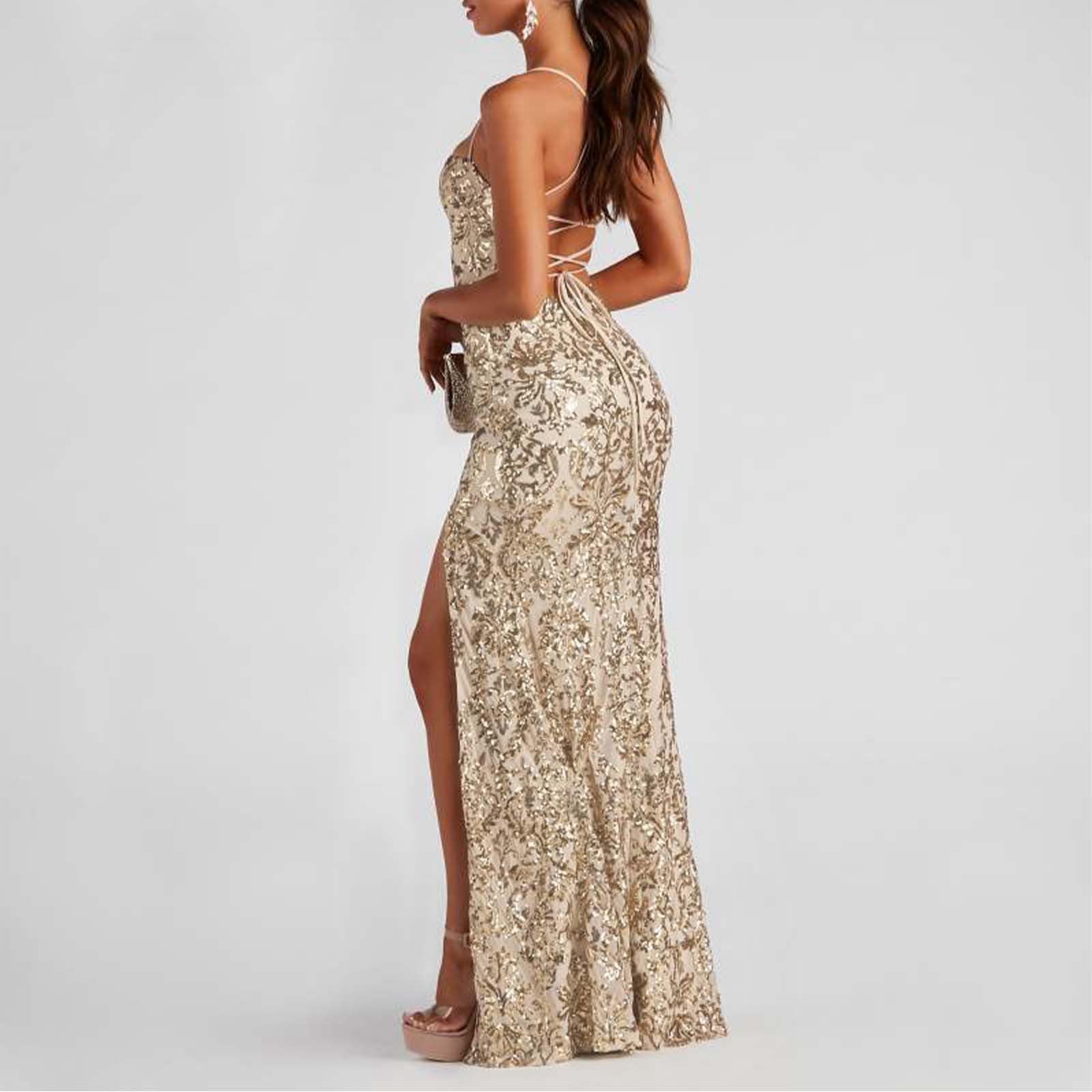 Elegant Women's Maxi Dress Spaghetti Strap Backless Bodycon Evening Party Dress with High Slit - Vintage Cocktail Dress for Night Out, Date Night, Formal Events & Summer Weddings