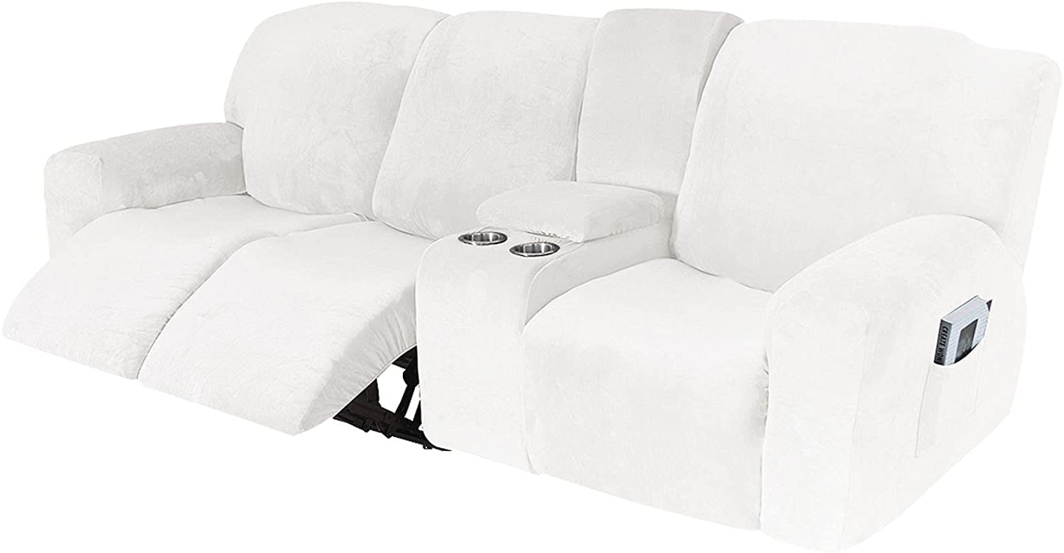 Stretch Velvet Sofa Slipcover - 3 Seat Recliner Chair Cover, Soft Removable Washable Couch Cover for Pets & Kids (White) - Perfect for Living Room, Family Room & Pet-Friendly Homes