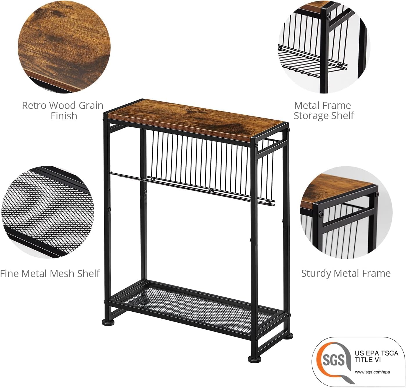 Compact Slim Side Table with Magazine Holder - 2-in-1 Space Saving End Table for Small Spaces - Rustic Brown Narrow Nightstand for Bedroom & Living Room - Perfect for Apartments, Dorms and Cozy Corners