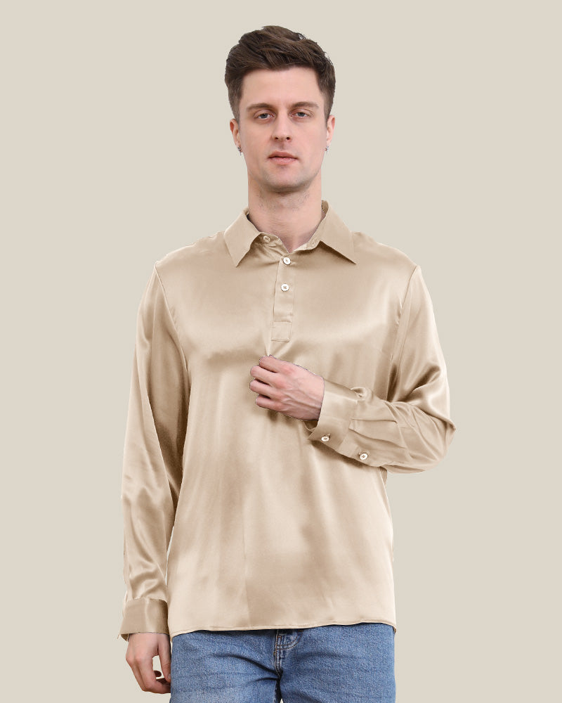 Premium Men's Silk Polo Collar Long Sleeve Shirt - Breathable & Luxurious Formal Wear for Business, Office & Special Occasions