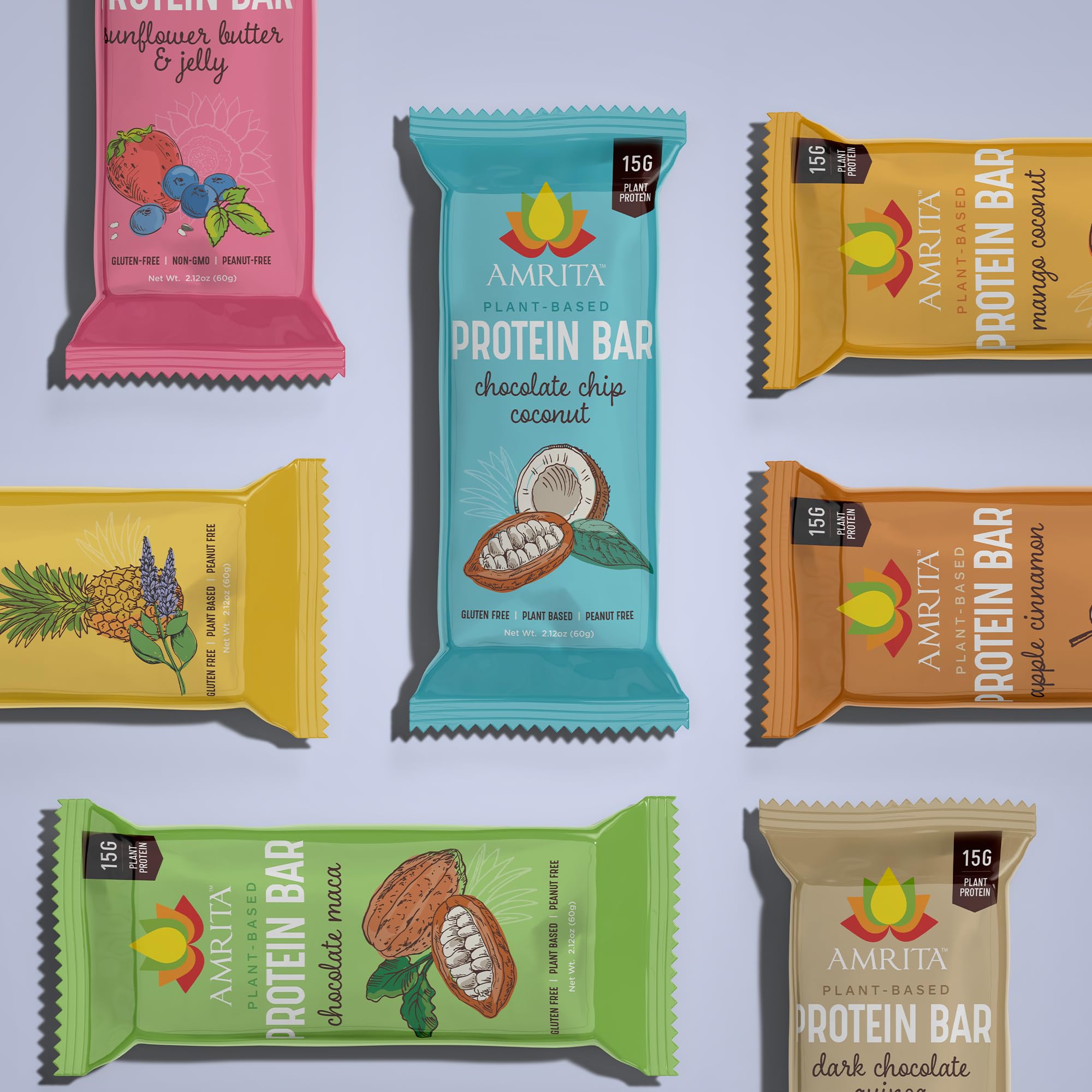 AMRITA Vegan Protein Bars Variety Pack (6 Flavors) - Peanut Free, Dairy Free, Soy Free, Gluten Free | 15g Plant-Based Protein, High Fiber, No Sugar Added | Meal Replacement, Breakfast Snack, Post-Workout Fuel | Perfect for Gym, Office & On-the-Go Nutrition