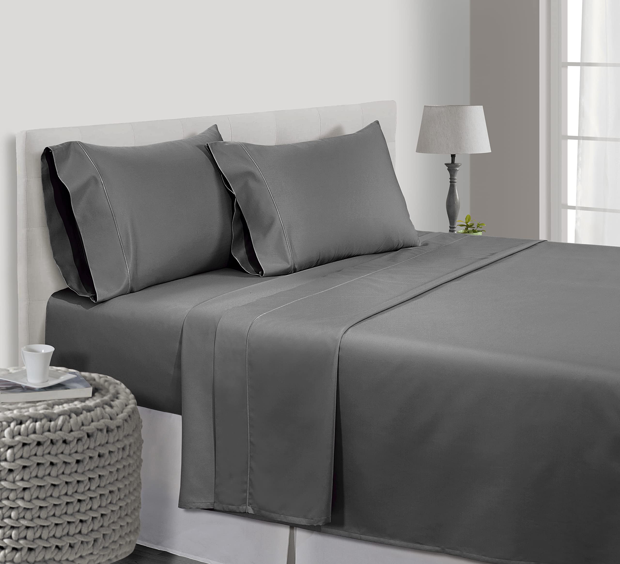 Luxury 800 Thread Count Egyptian Cotton Sheets Set - 3 Piece Twin Size (1 Flat Sheet, 1 Fitted Sheet & 1 Pillowcase) - Dark Grey Sateen Weave Bedding for Ultimate Comfort - Perfect for Guest Rooms, Dorms & Cozy Bedrooms