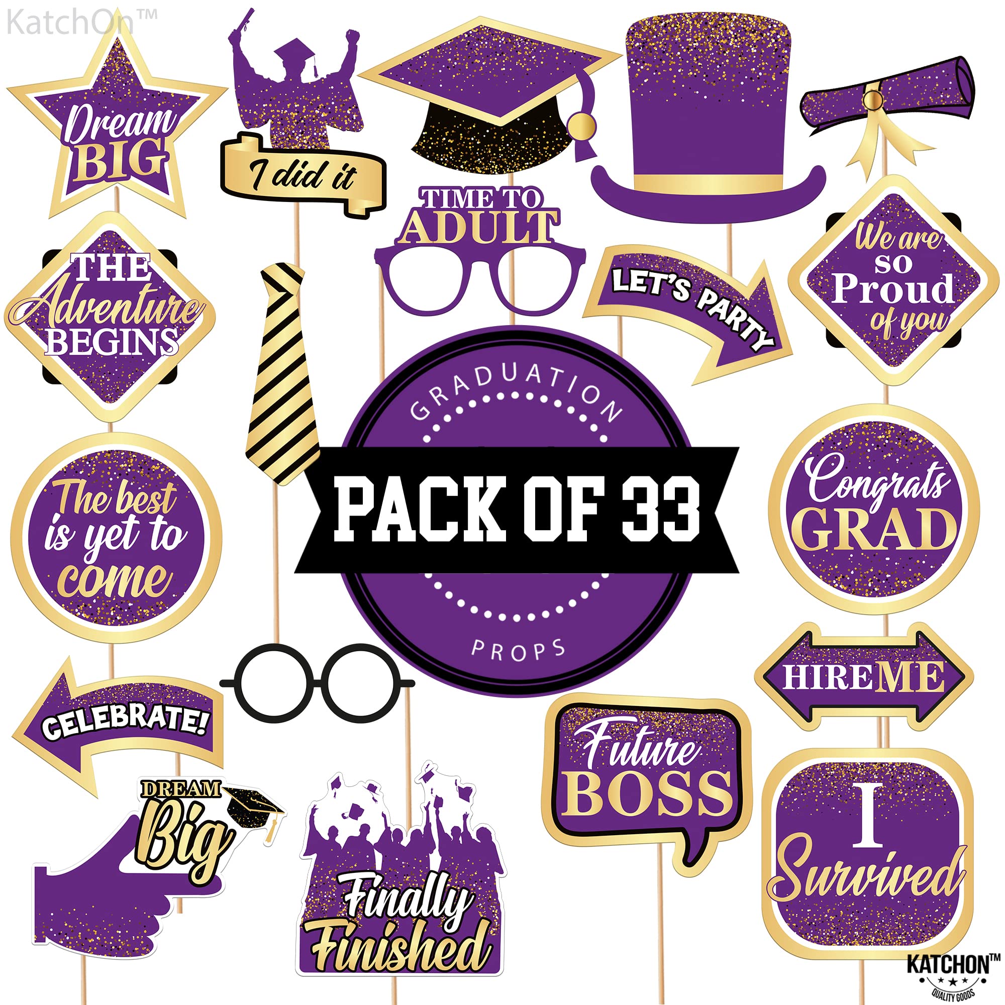 2025 Graduation Photo Booth Props - 33-Piece Purple & Gold Grad Photo Shoot Decorations | Class of 2025 Party Supplies for Graduation Ceremony, Senior Pictures & Celebration Backdrops