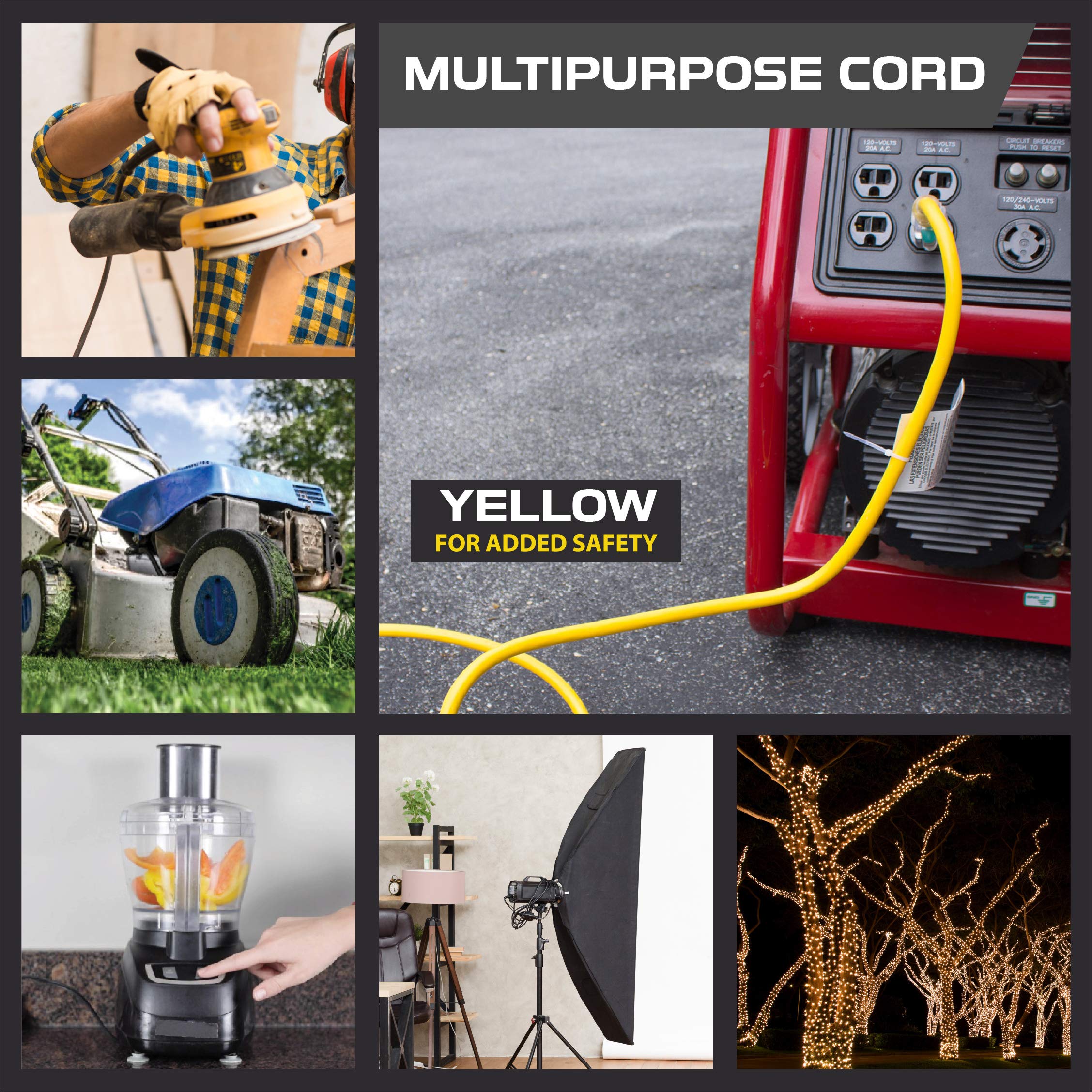 2 Pack 100ft Heavy Duty Outdoor Extension Cord - 12/3 SJTW Yellow Lighted Cable with 3-Prong Grounded Plug, 15 AMP - Perfect for Garden Tools, Power Tools, Christmas Lights & Outdoor Appliances