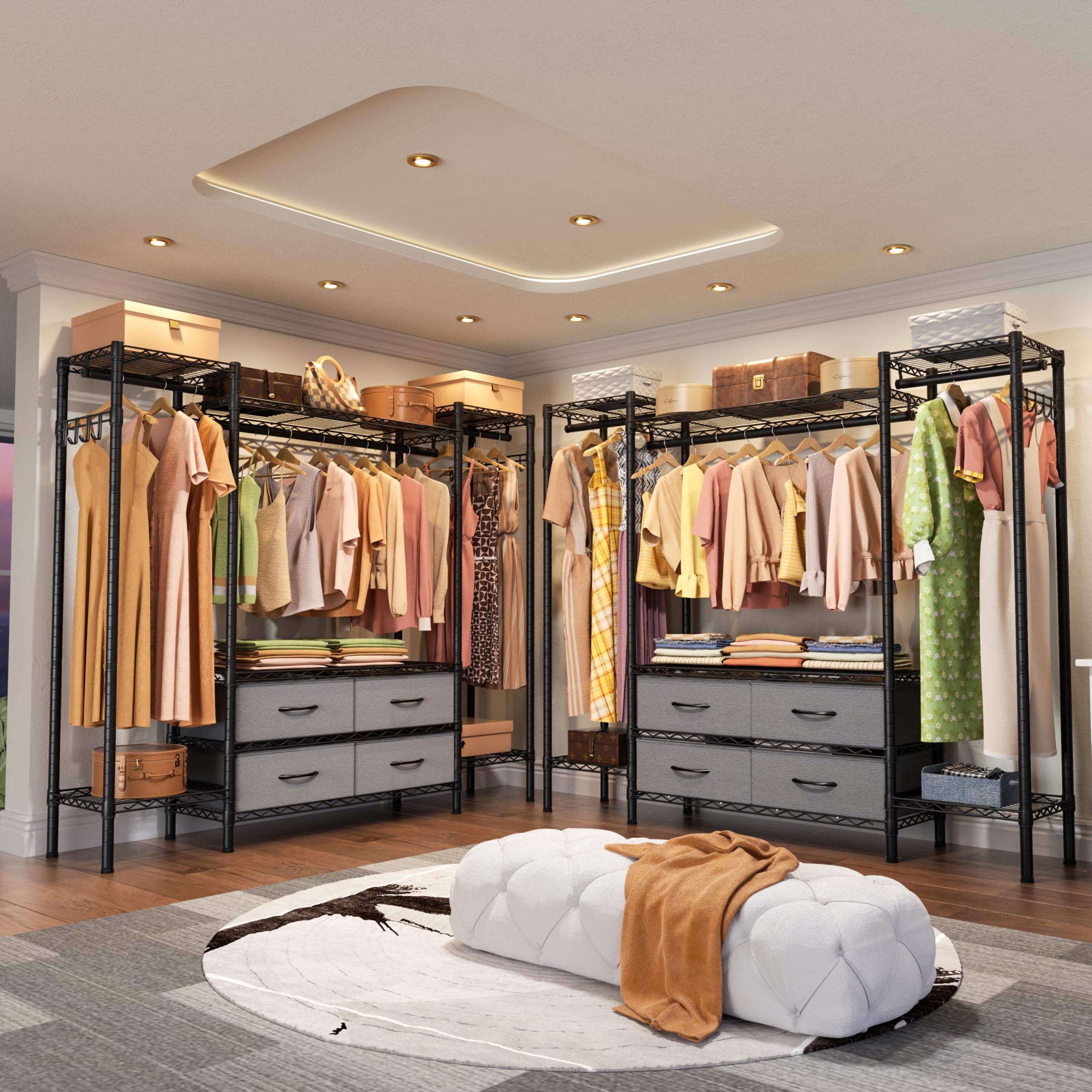 Heavy Duty Large Garment Rack - Freestanding Closet with 8 Adjustable Wire Shelves, 3 Hanging Rods & 4 Fabric Drawers - Portable Clothing Storage Wardrobe (Max Load 900lbs) - Perfect for Home Organization, Bedroom Closet, Laundry Room & Commercial Use