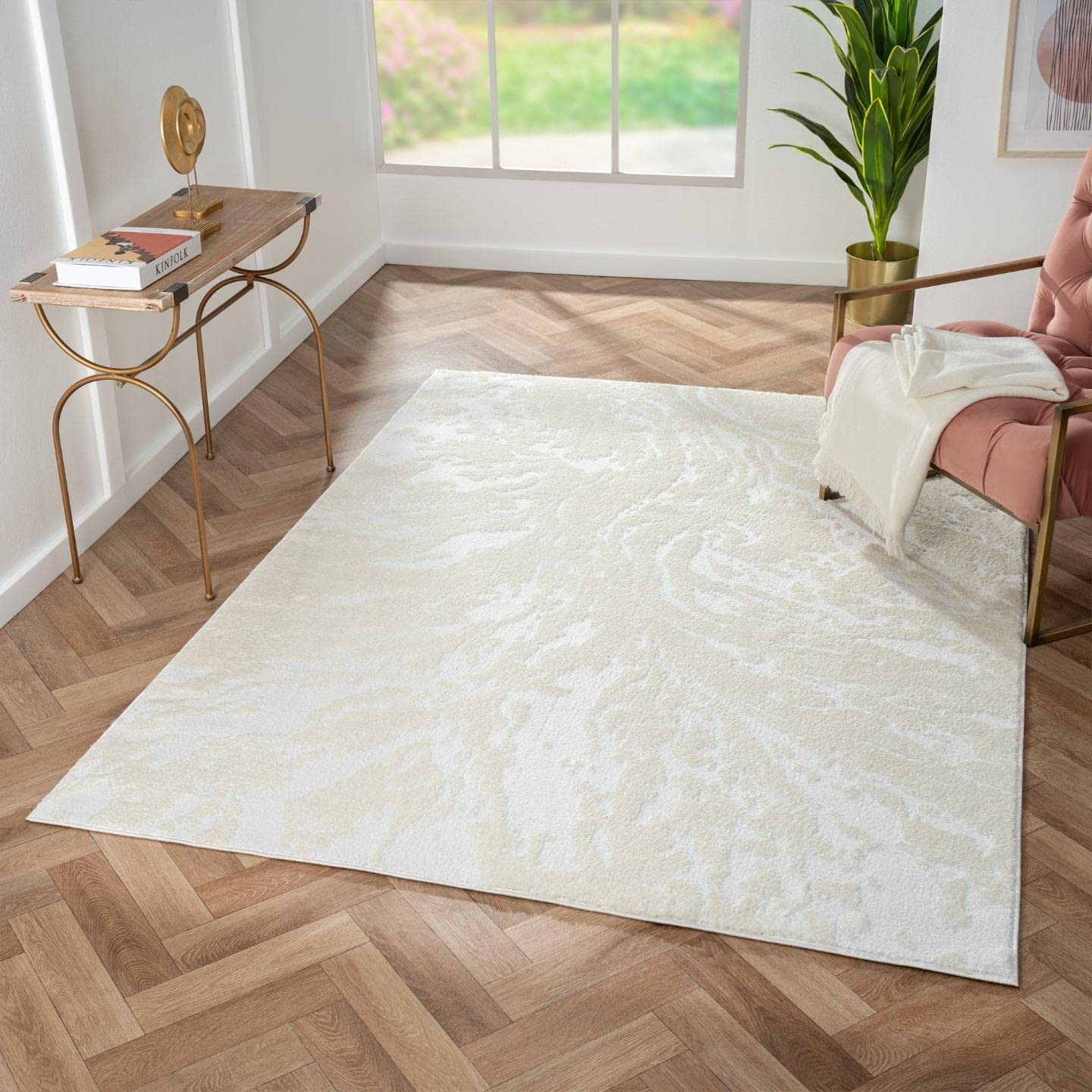 LUXE WEAVERS Abstract Textured Marble Swirl Cream 8x10 Area Rug - Soft Modern Non-Slip Living Room Carpet for Bedroom, Office & Home Decor