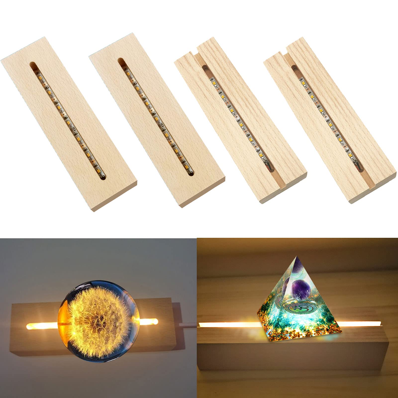 JOJOCY LED Wood Display Stand with Warm Lights - Rectangle Crystal Wooden Base for Acrylic Resin Art, Glass Paperweights & Decorative Items - Perfect for Home Decor, Gift Showcase & Retail Displays (Set of 4)
