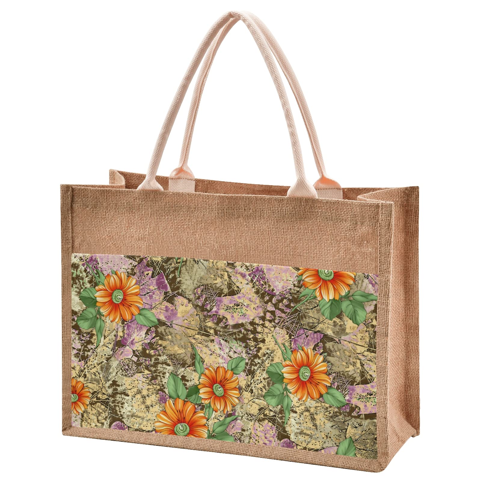 RunningBear Tropical Floral Chrysanthemum Burlap Tote Bag - Reusable Jute Zipper Tote with Handles for Women, Eco-Friendly Shopping, Beach, Picnic & Travel Accessories