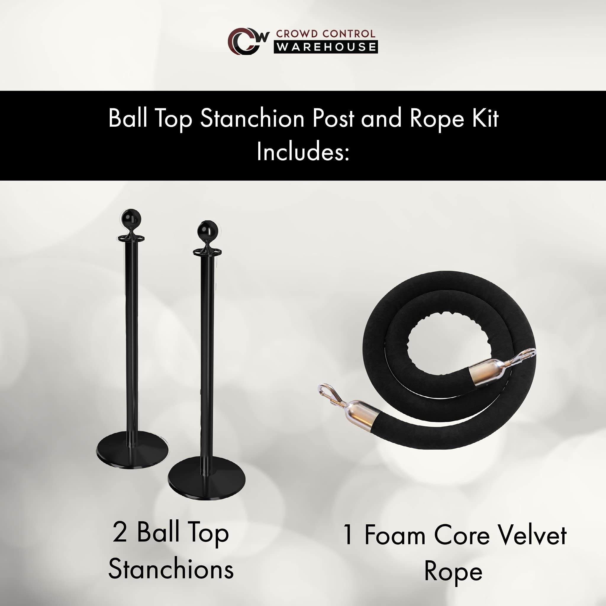 Premium Crowd Control Stanchion Kit - 2 Black Ball Top Posts & 1 Black Velvet Rope (6ft) with Stainless Steel Ends | Warehouse, Event, Retail Queue Management Solution
