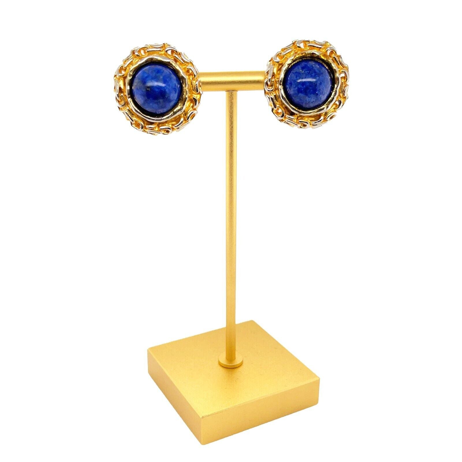 CHANEL 93A Woven Chain Lapis Lazuli Cabochon Button Earrings in Gold & Blue | Luxury Fashion Jewelry for Women | Perfect for Parties, Weddings & Special Occasions