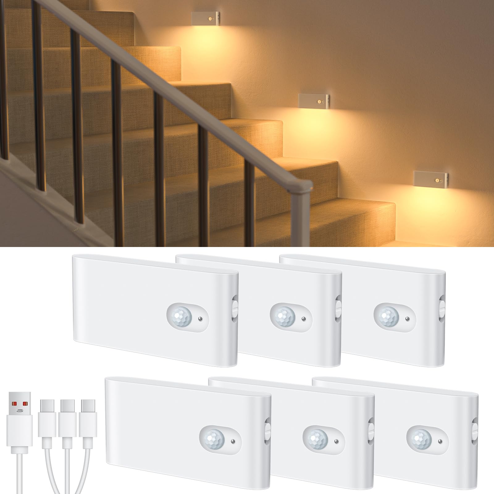 WILLED Rechargeable Motion Sensor Night Light - 6 Pack Warm White LED Stair Lights for Indoor Use in Hallway, Stairway, Bathroom, Bedroom & Kitchen | Automatic Battery Operated Lighting for Safety & Convenience