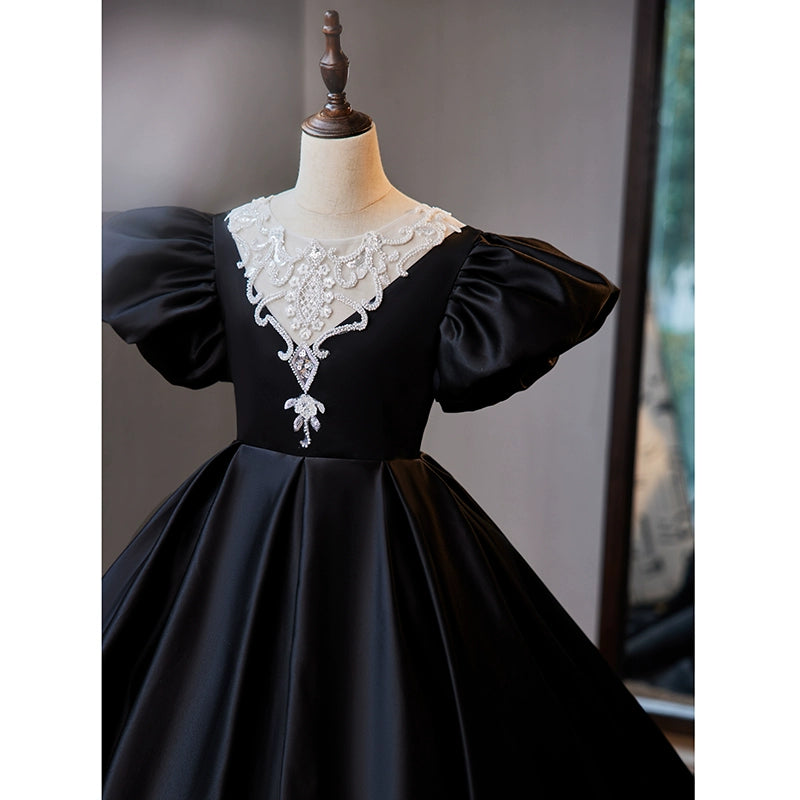 Black Princess Round Floor Length Satin Flower Girl Dress for Weddings, Pageants & Special Occasions
