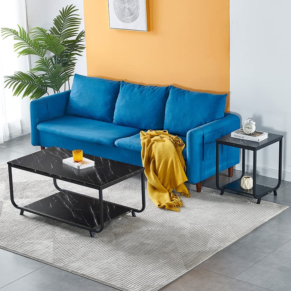 2-Tier Modern Coffee Table with Metal Frame & Marble Print Surface - End Table, Side Table, Sofa Table with Storage Shelf for Living Room, Bedroom, Home Office - Perfect for Snacks, Books & Decor