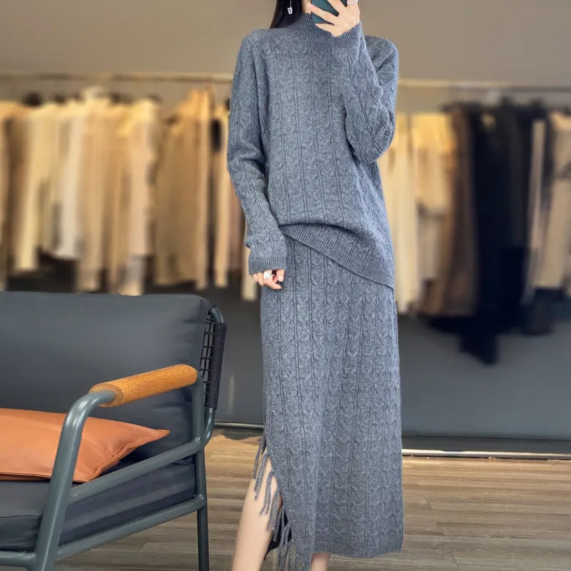 Women's Autumn Winter Pure Wool Sweater Set - Semi High Neck Cashmere Knit Top & Tassel Skirt 2-Piece Outfit | Warm Winter Fashion for Office, Dating & Holiday Parties