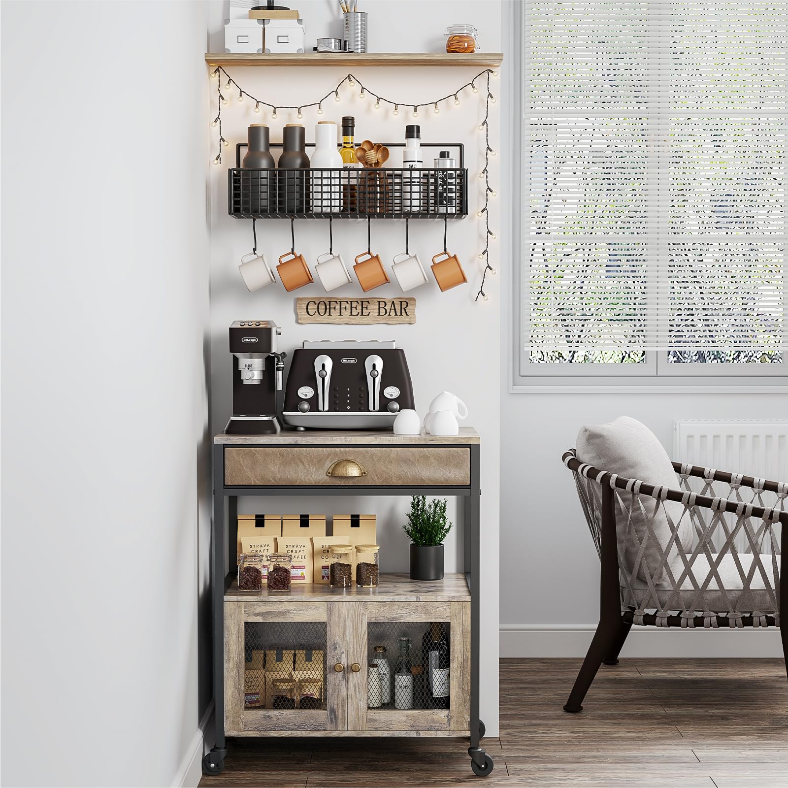 X-cosrack 3-Tier Rolling Coffee Bar Cabinet with Drawer - Farmhouse Style Mobile Kitchen Cart for Coffee Station, Living Room, Entryway & Dining Room - Perfect for Home Brewing, Entertaining & Small Space Storage