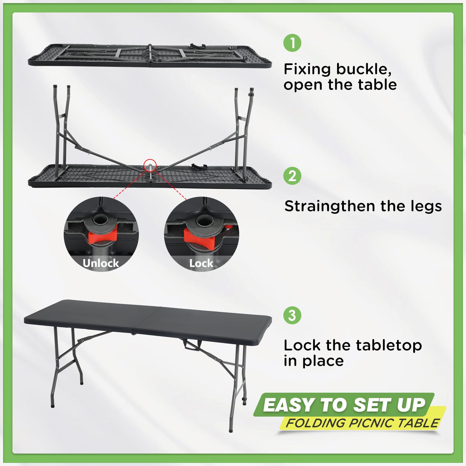 Best Outdoor Folding Camping Table - Portable Square Plastic Picnic Table with Adjustable Height for Dining, Parties, BBQ, Beach & Backyard Use - Perfect for Camping, Tailgating & Outdoor Adventures (Black)