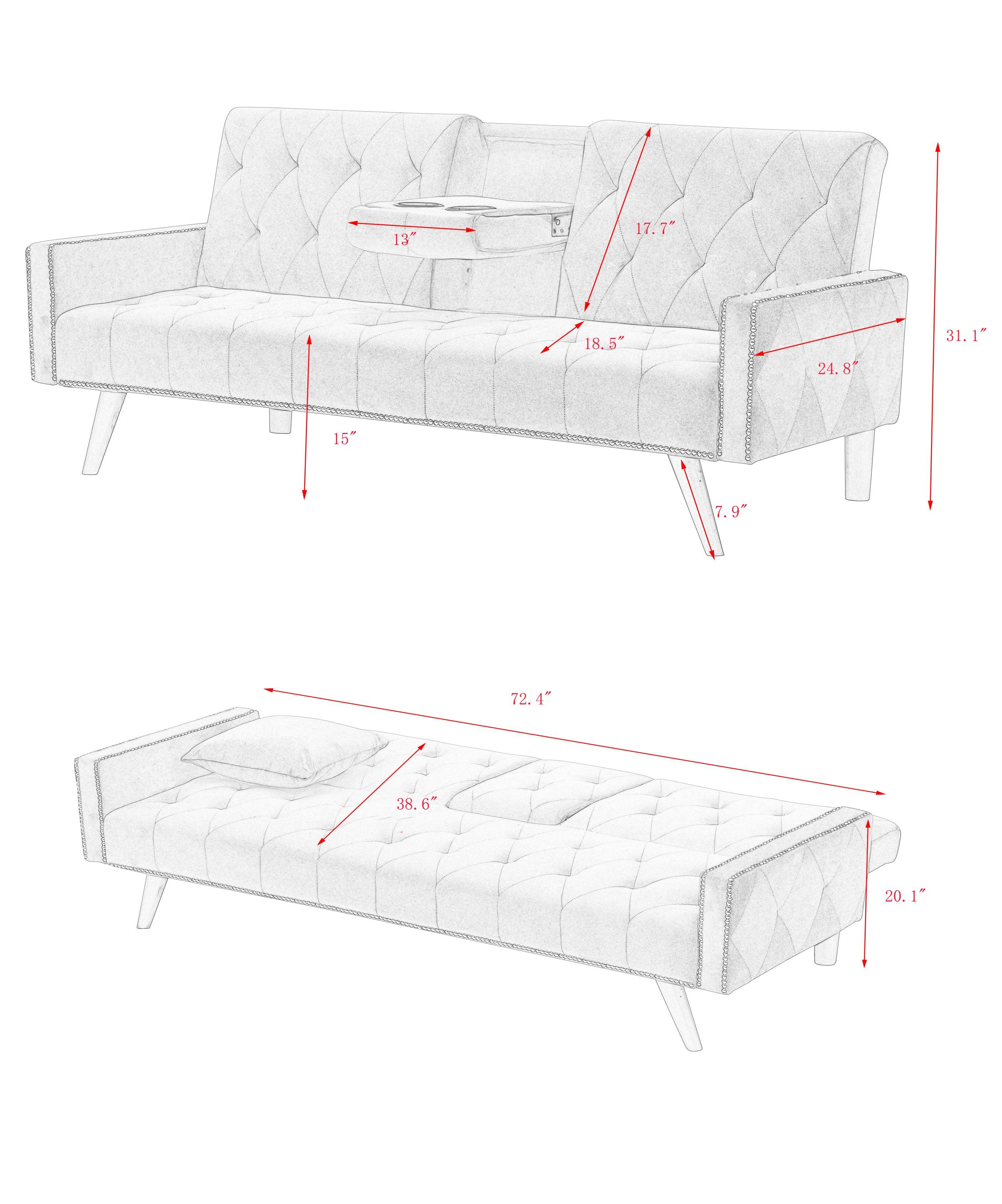 1730 Pink Velvet Sofa Bed with Armrests, Nail Head Trim & 2 Cup Holders - 72