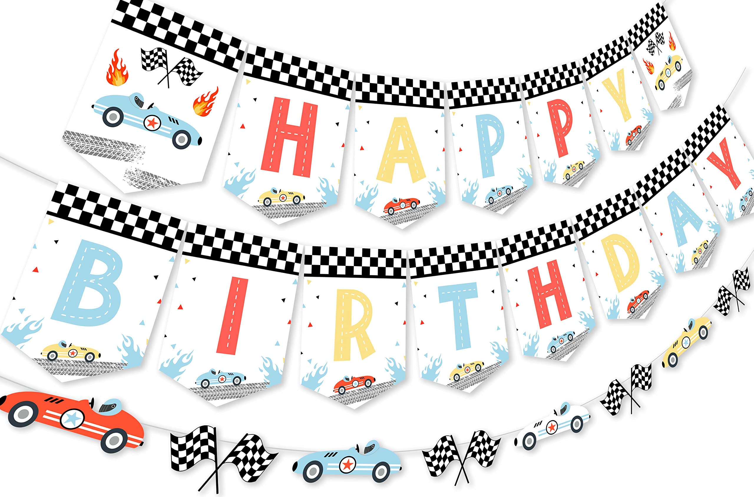 Vintage Race Car Birthday Decorations Set - Happy Birthday Banner, Racing Car Garland & Retro Party Supplies for Boys | Perfect for Race Car Themed Birthday Parties, Baby Showers & Kids Room Decor