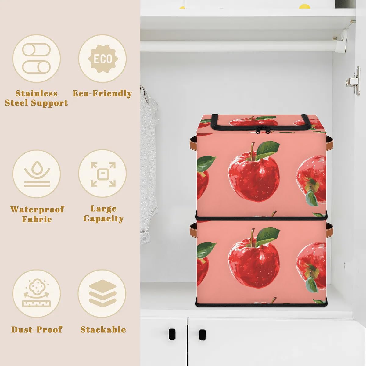 Red Apples Pattern Collapsible Stackable Storage Bins with Lids - Fabric Closet Organizer for Clothes, Toys, Blankets & Home Organization | Perfect for Bedroom, Nursery, Playroom & Dorm Storage Solutions