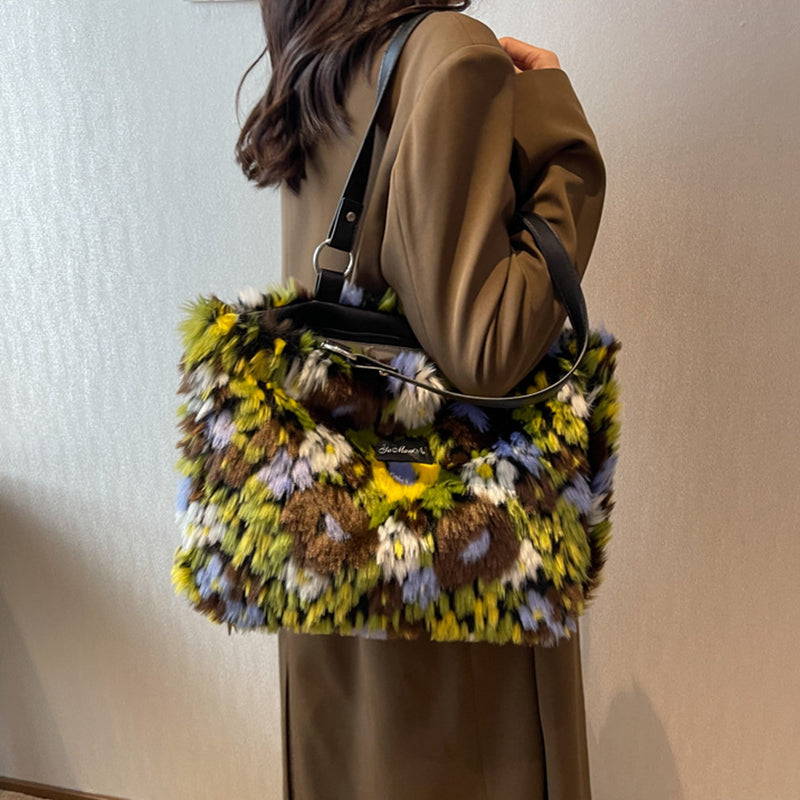 Women's Winter Plush Flower Shoulder Bag - Elegant Handbag for Casual Outings, Shopping & Travel