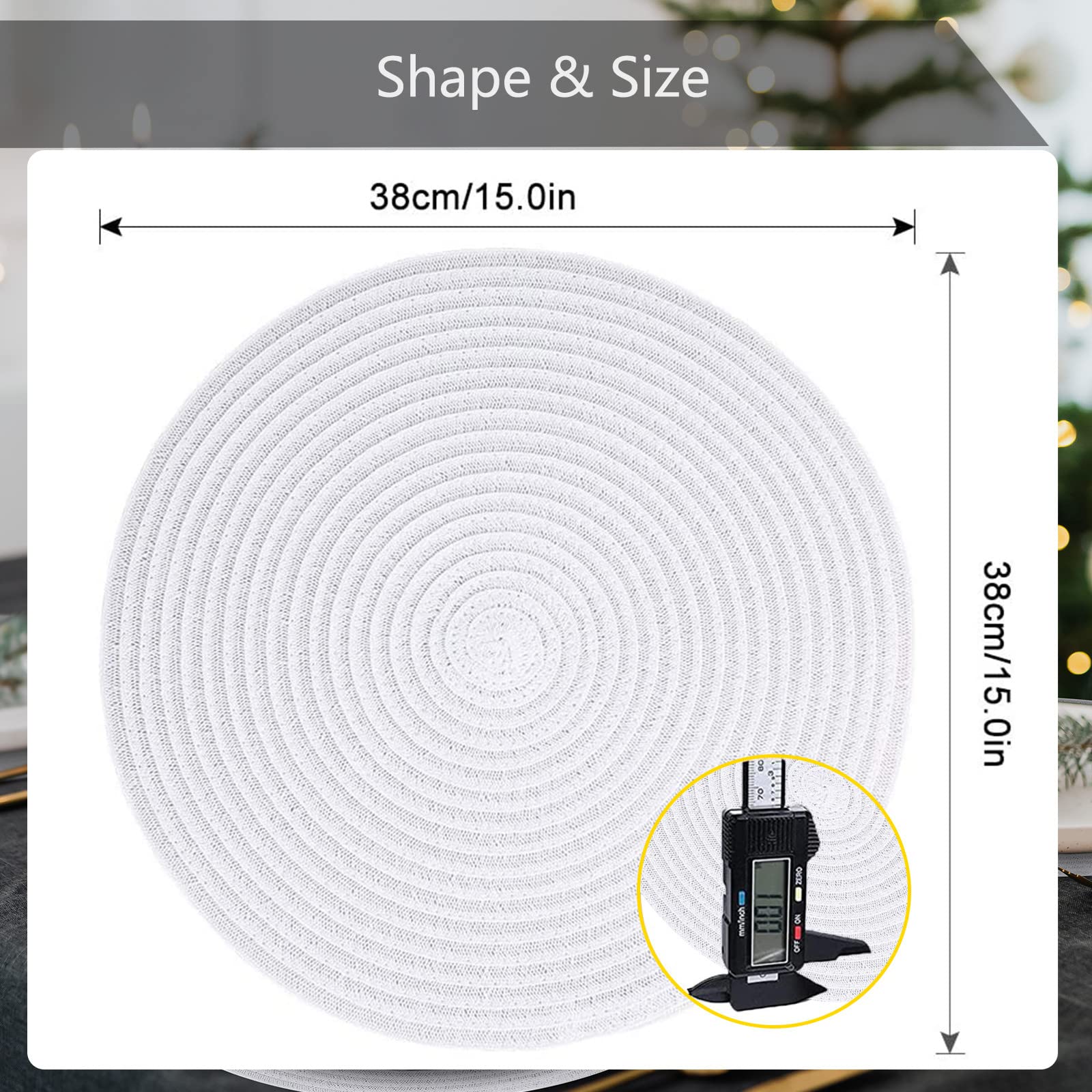 DACHUI Round Placemats Set of 6 - 15 Inch Washable Table Mats for Dining, Kitchen, and Party Decor (White) - Elegant and Durable Table Setting Accessories