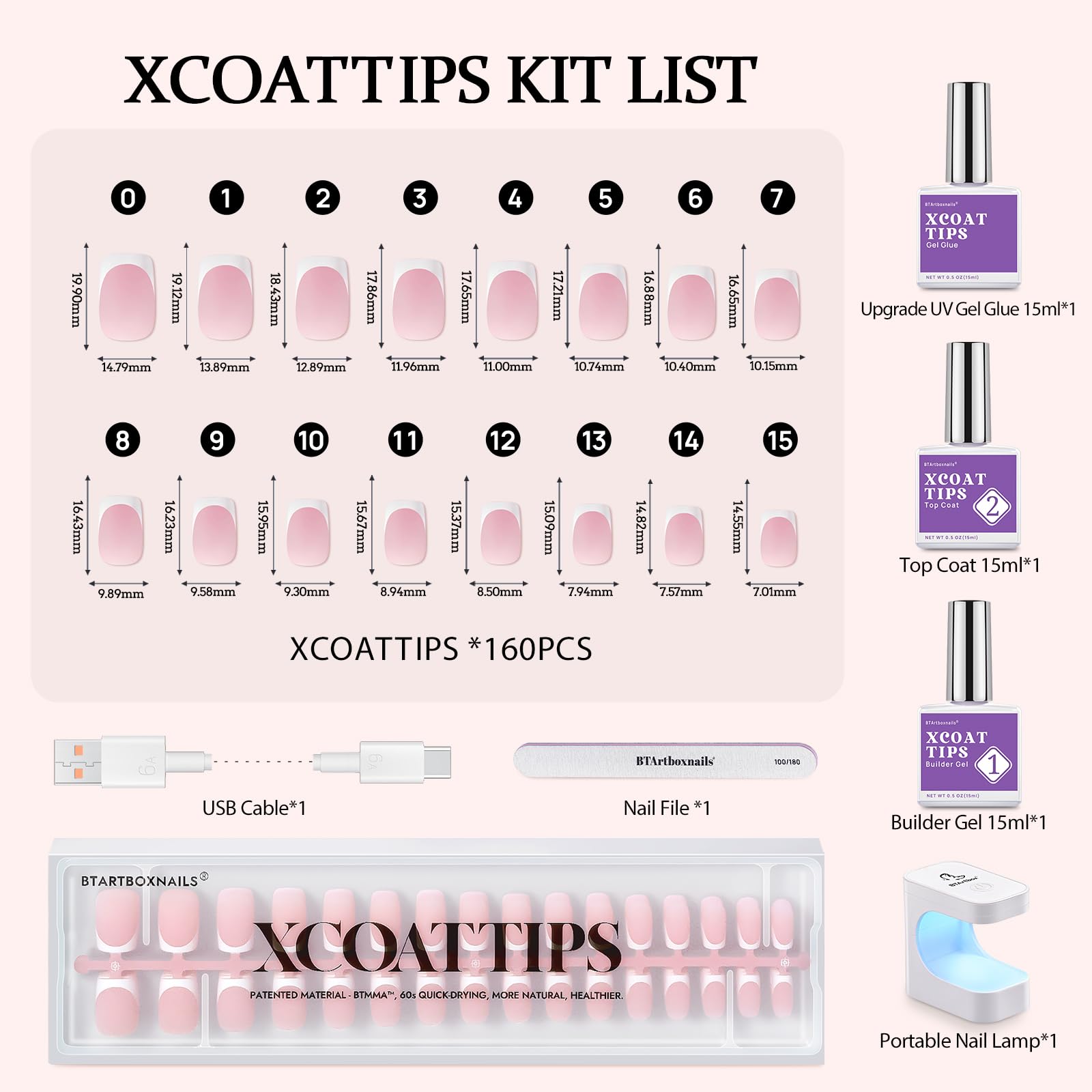 BTArtboxnails XCOATTIPS Short Square French Tip Press On Nails Kit - Pink Soft Gel Nail Tips with Nail Gel, French Protecting Duo & UV Nail Lamp for Home DIY Manicure | Perfect for Parties, Weddings & Everyday Wear
