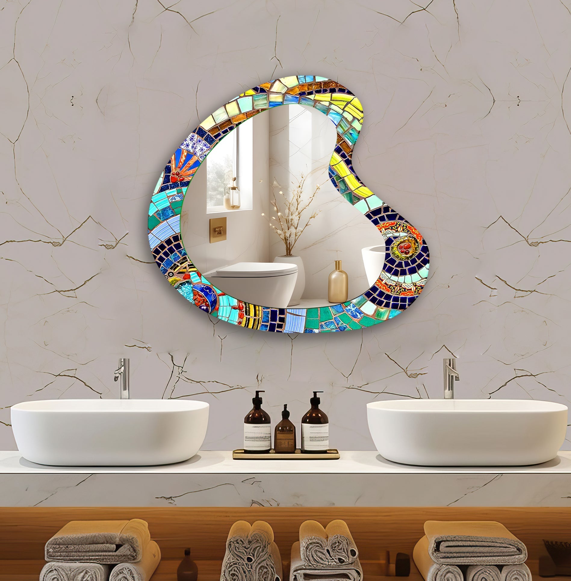 Handmade Colorful Mosaic Irregular Wall Mirror - Unique Boho Decor for Living Room, Bedroom & Bathroom | Perfect for Home Decor, Wall Art & Vanity Areas