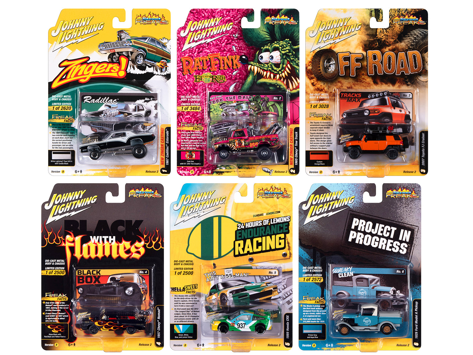 Johnny Lightning 1/64 Diecast Model Cars - Street Freaks 2023 Set B (6 Cars Collection) - Perfect for Collectors, Display & Racing Scenes