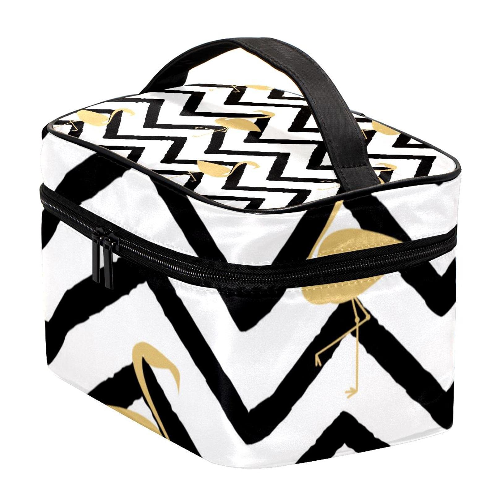 Gold Flamingo & Chevron Zigzag Travel Makeup Bag - Large Cosmetic Organizer with Zipper, Waterproof Toiletry Bag for Women & Girls | Perfect for Travel, Gym, Beach & Daily Essentials Storage