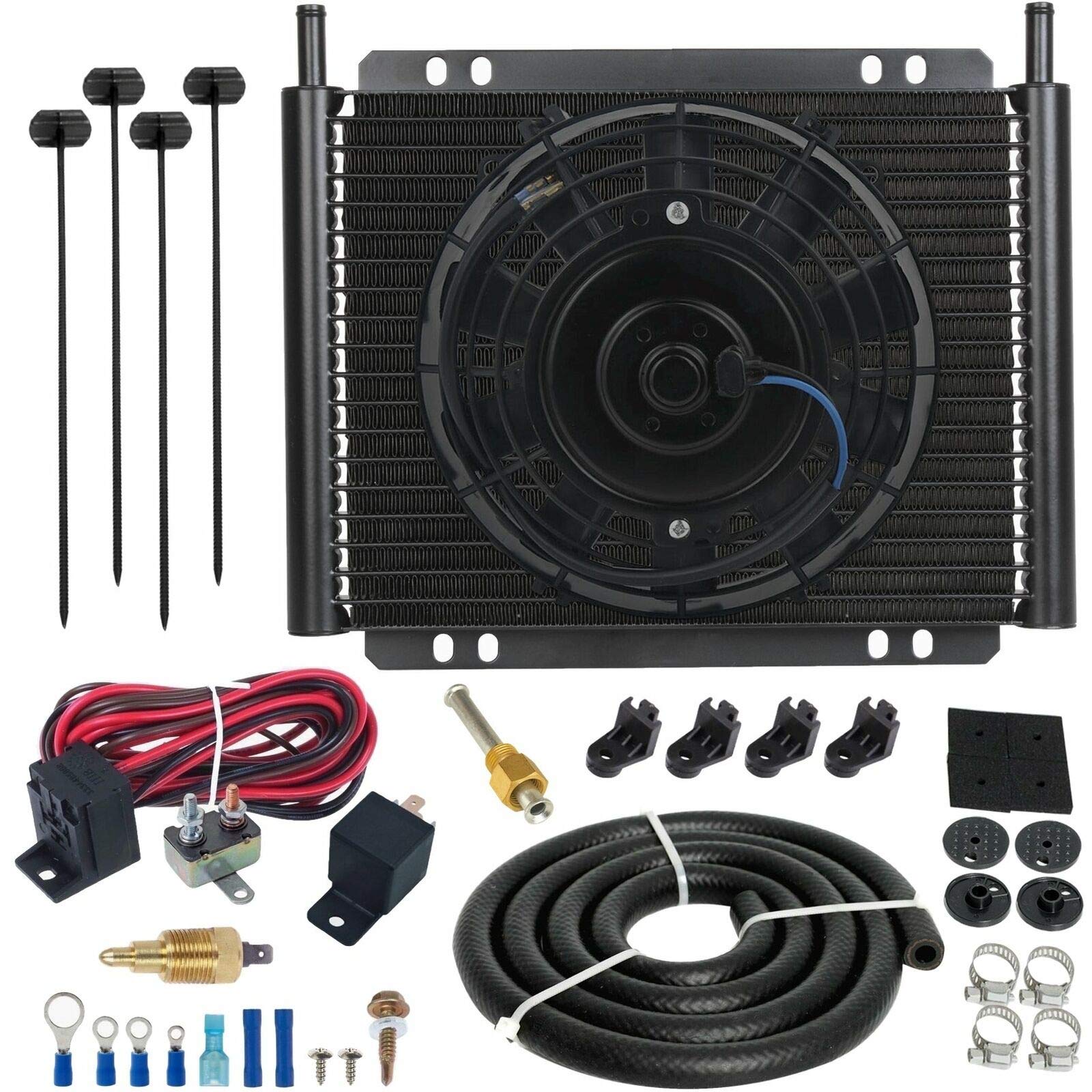 23 Row Black Aluminum Engine Oil Cooler with 12V Electric Fan - Universal Fit for Cars & Trucks - 3/8