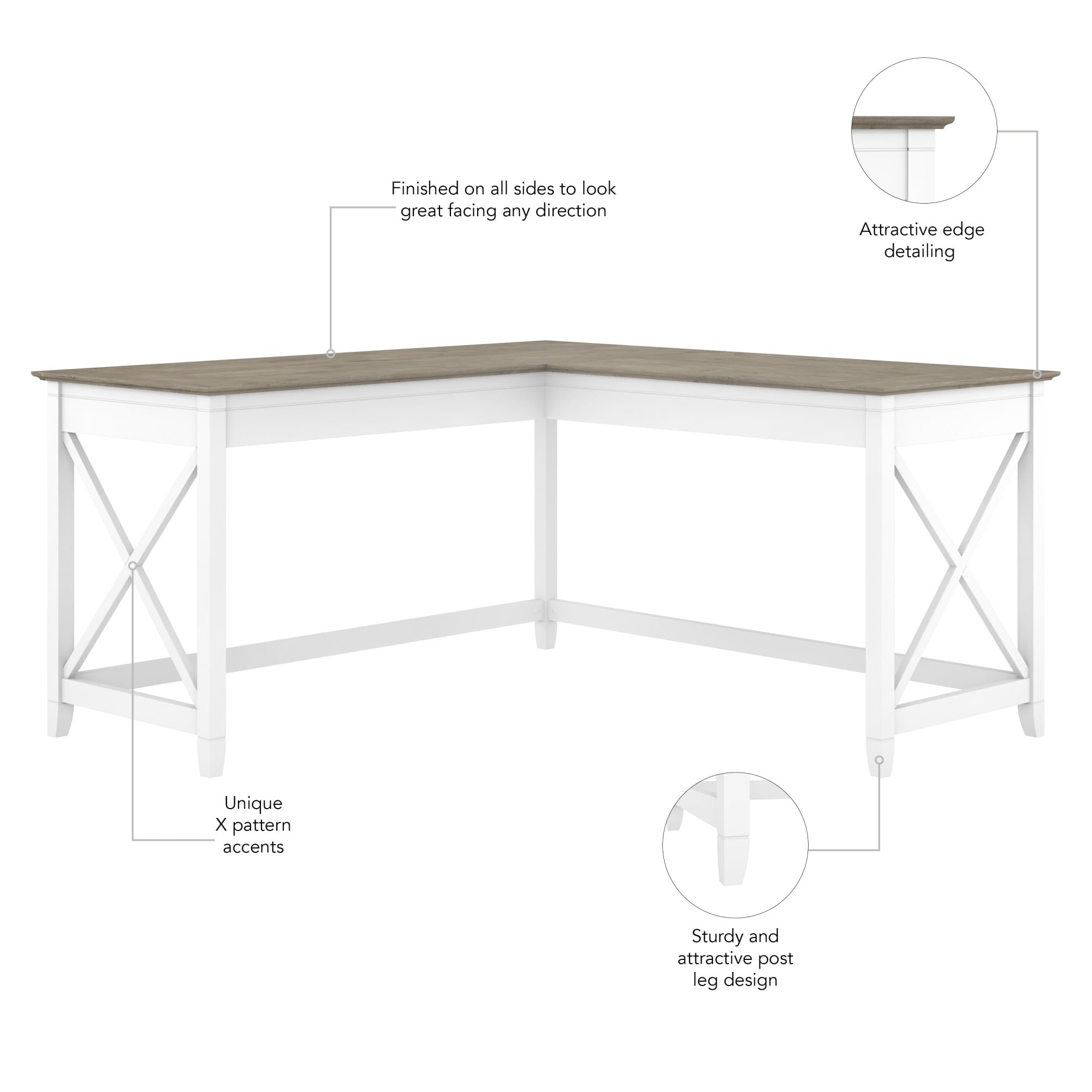 Bush Furniture Key West 60W Modern Farmhouse L-Shaped Desk - Pure White & Shiplap Gray | 60-Inch Corner Computer Desk for Home Office, Gaming & Study | Space-Saving Workstation for Small Rooms