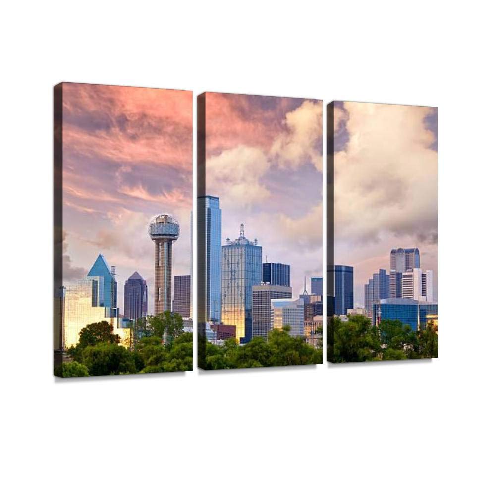 Blaverr Dallas Sunset Skyline Reflection Canvas Wall Art - 3 Panel Modern Paintings for Living Room & Bedroom Decor - Royalty Free Stock Photo Prints - Home Office Wall Decorations | Perfect for Housewarming Gifts & Interior Design