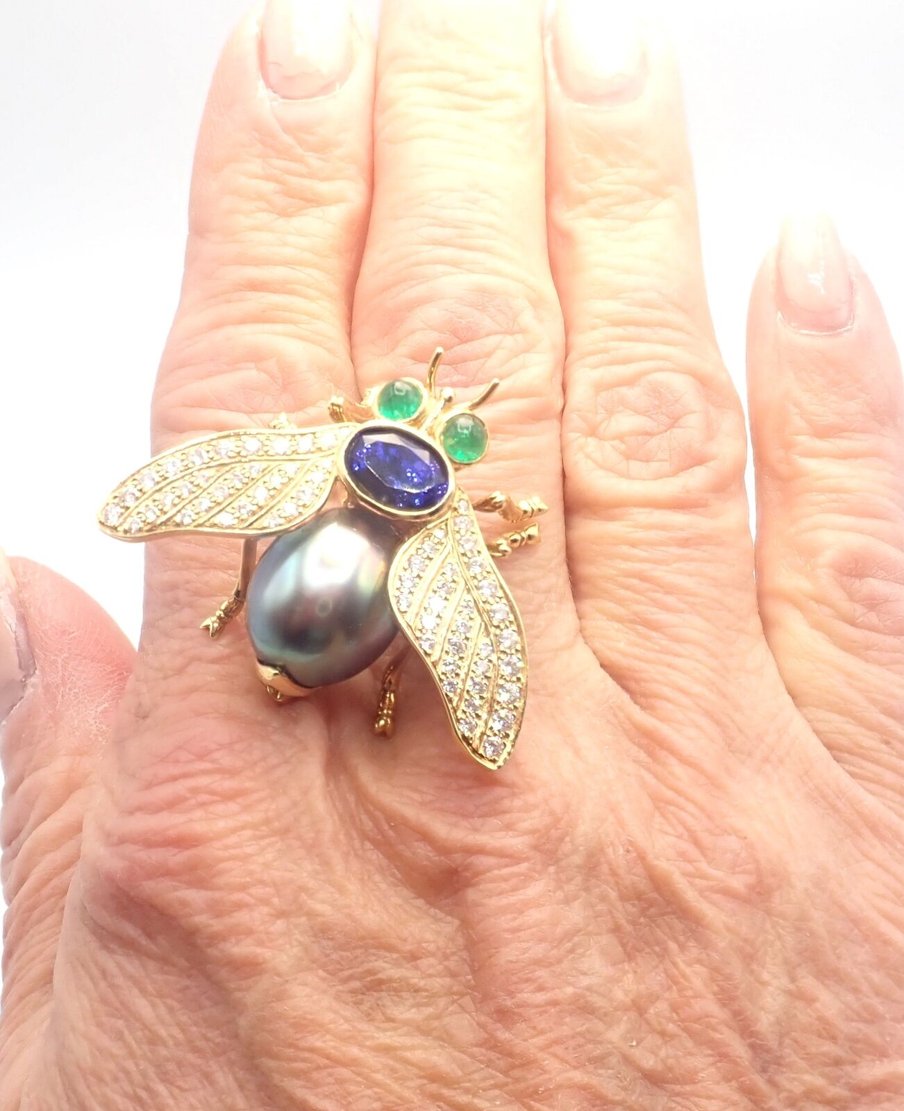 Tiffany & Co 18k Gold Diamond Tahitian Pearl Tanzanite Emerald Fly Pin Brooch - Luxury Jewelry for Women, Perfect for Weddings, Parties & Special Occasions