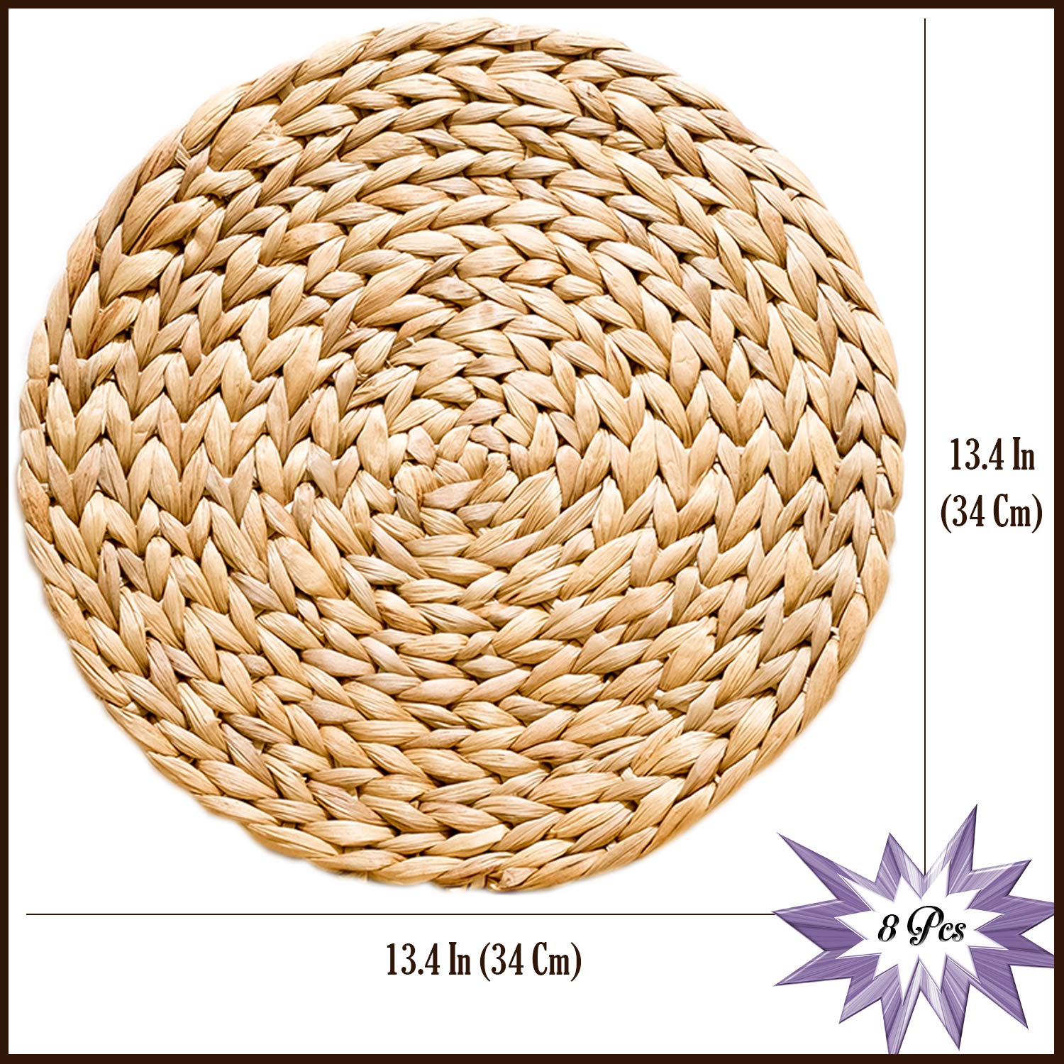 Boho Round Woven Placemats Set of 8 - 13.4 Inch Natural Water Hyacinth Wicker Straw Placemats for Dining Table - Perfect for Farmhouse, Coastal, and Rustic Home Decor - Ideal for Everyday Meals, Dinner Parties, and Holiday Gatherings