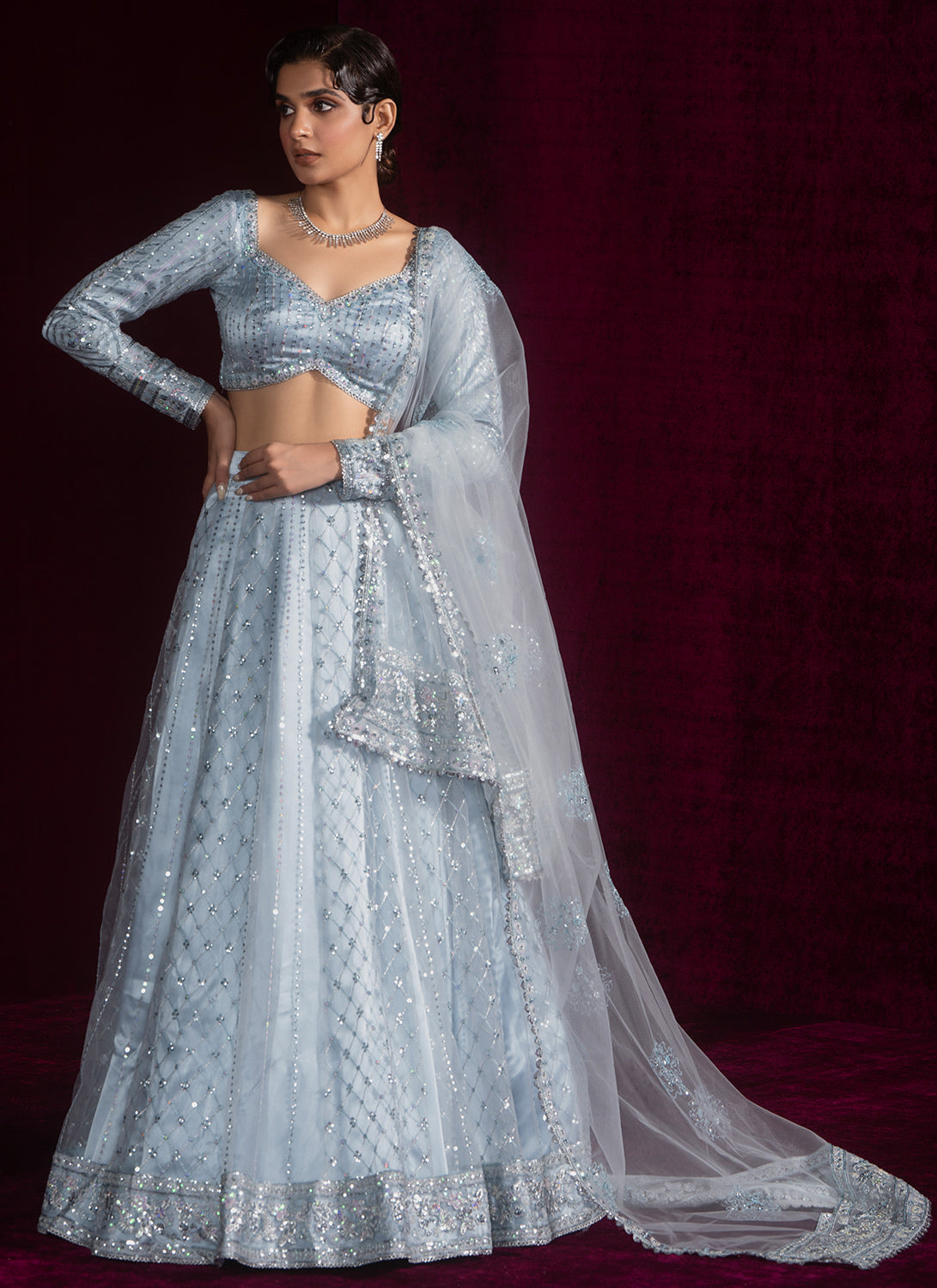 Light Blue Embroidered Net Lehenga Choli Set for Women - Traditional Indian Bridal Party Wear - Perfect for Weddings, Festivals & Special Occasions