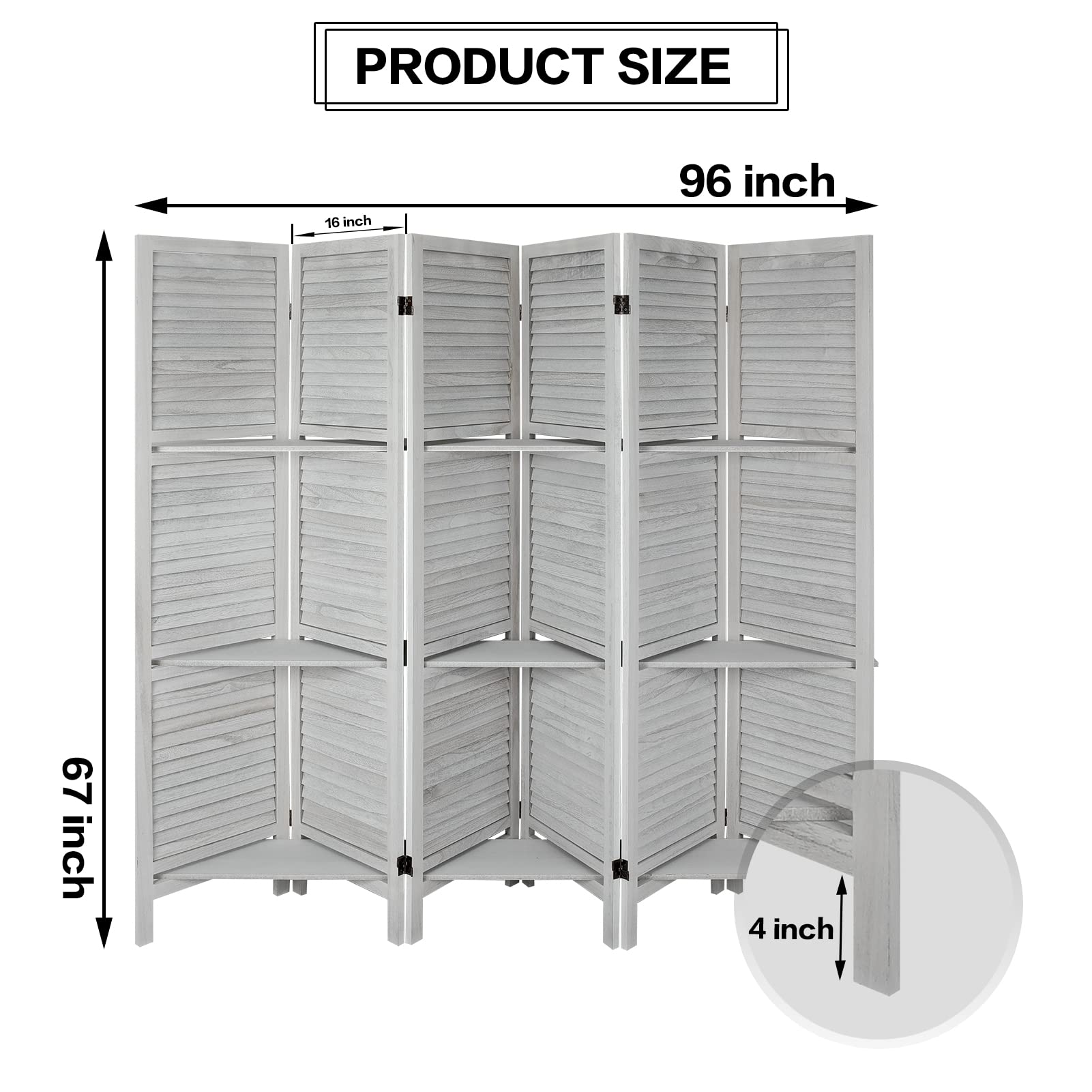 ECOMEX 6-Panel Room Divider with Shelves - White Folding Privacy Screen & Freestanding Partition for Home Office, Studio Apartment | Space-Saving Temporary Wall for Room Separation & Organization