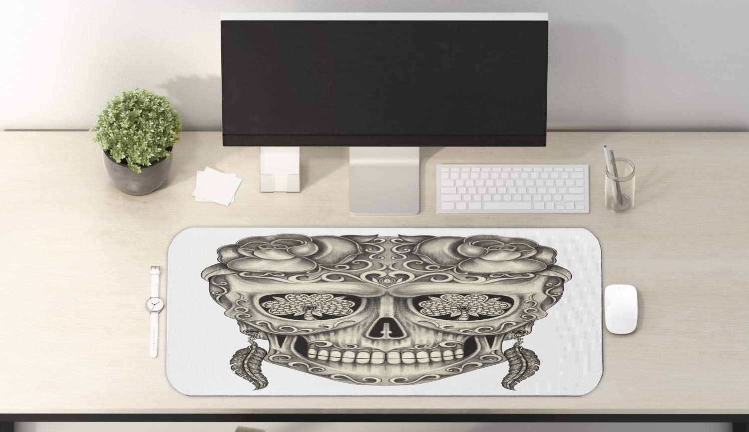 Ambesonne Day of The Dead Mouse Pad - Spanish Sugar Skull Design with Roses, Dragonfly, Eyes, Feather & Earrings - Non-Slip Rubber Gaming Mousepad (31
