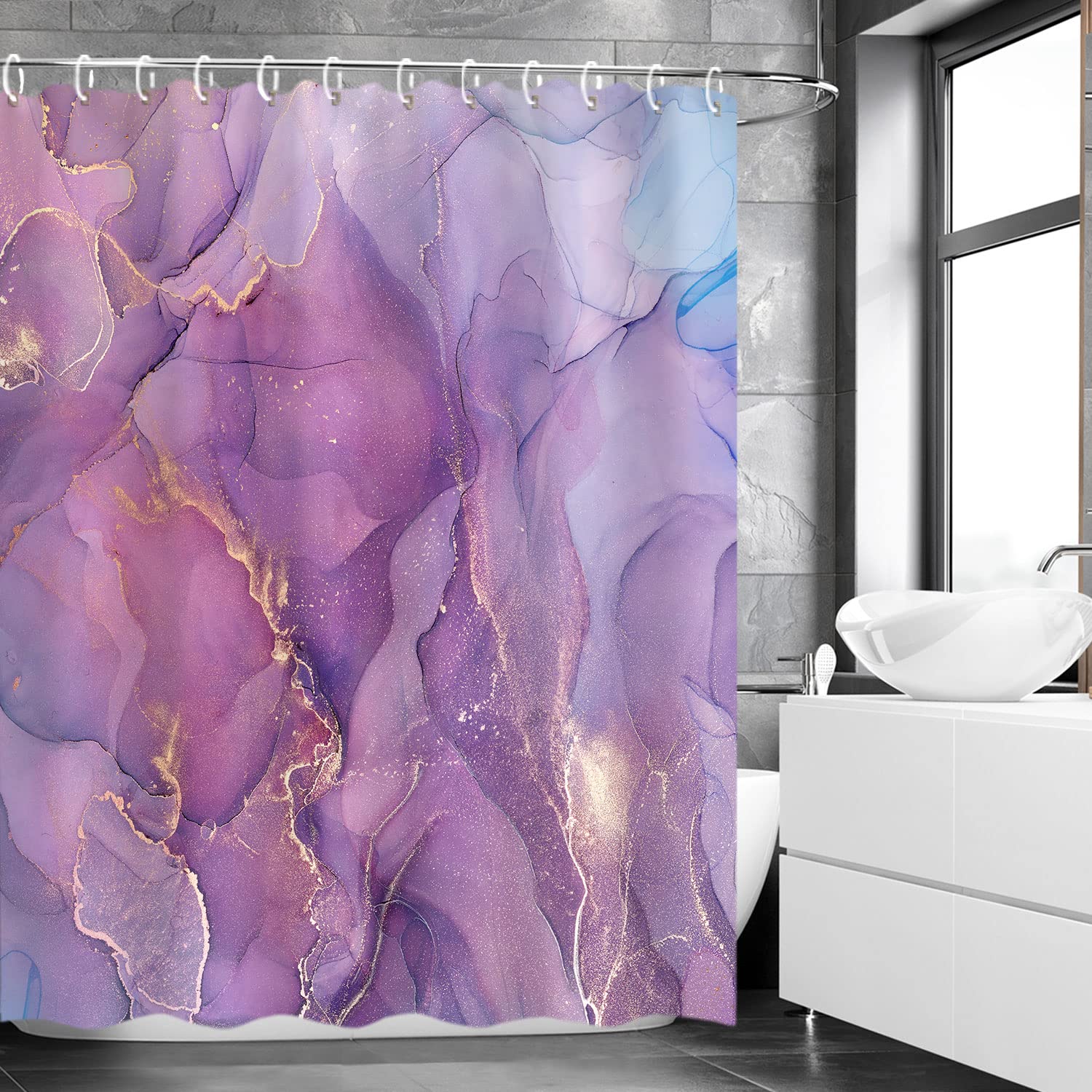 RosieLily Purple Marble Shower Curtain Set with 12 Hooks - Lavender Gold Watercolor Ink Bathroom Decor - 72x72 Inches - Elegant Abstract Design for Modern Bathrooms & Guest Baths