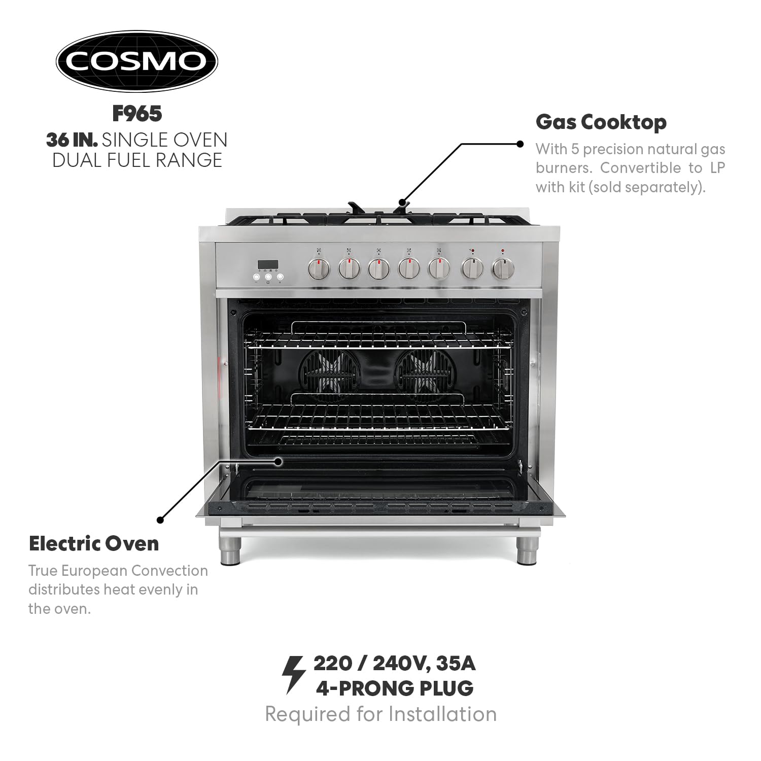 COSMO F965 36-inch Stainless Steel Dual Fuel Range - 3.8 cu. ft. Capacity, 5 Sealed Burners & 8-Function Convection Oven | Perfect for Home Chefs & Modern Kitchens