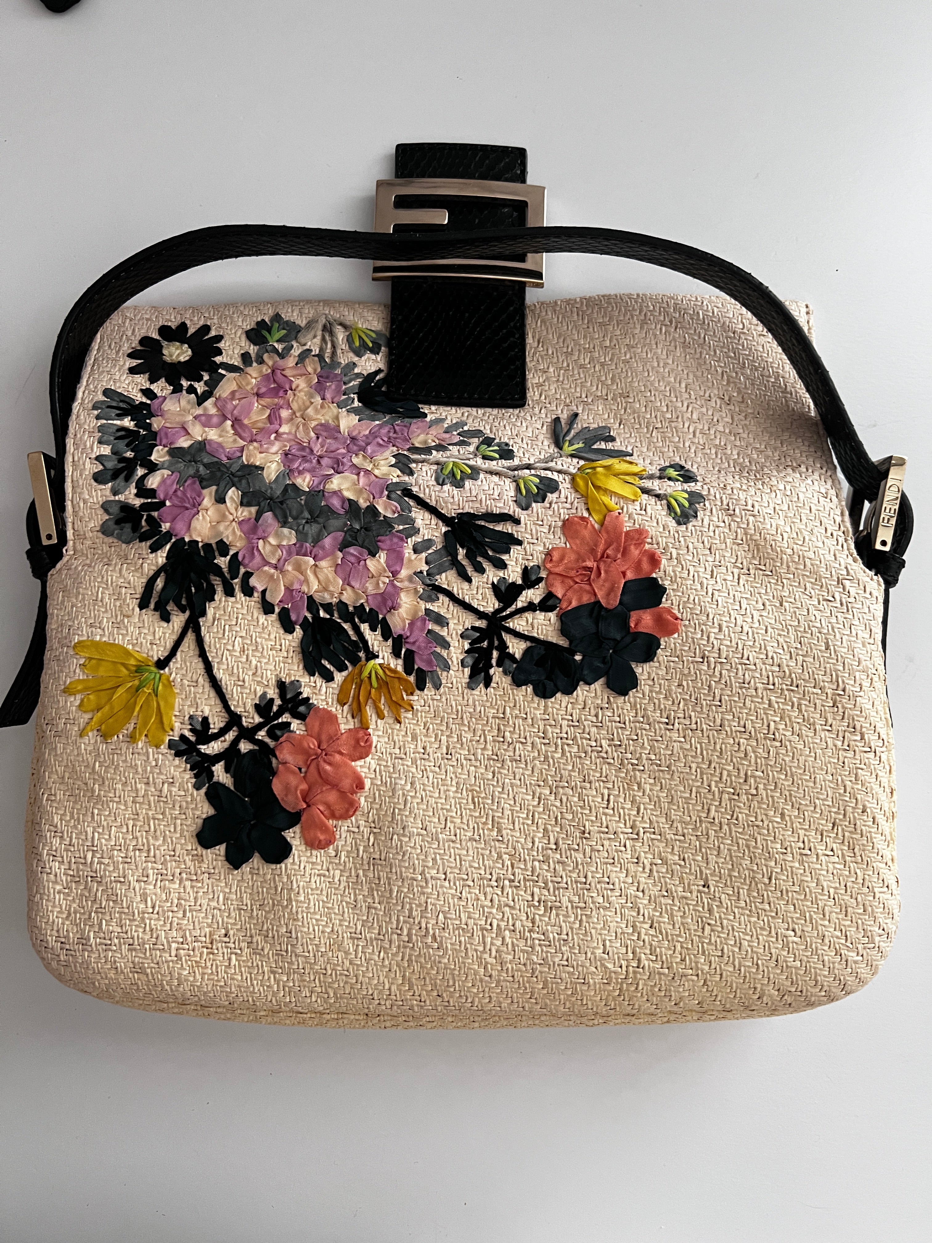 Fendi Raffia Floral Embroidered Baguette Bag - Luxury Designer Handbag for Women, Perfect for Summer Outings & Beach Vacations