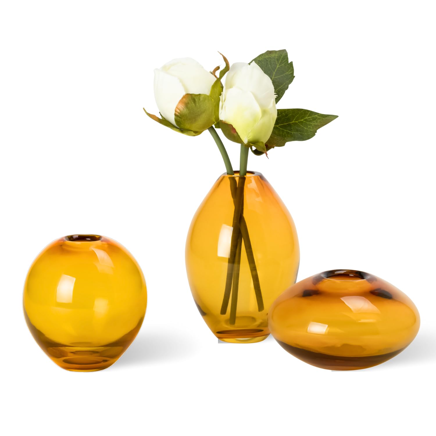 Torre & Tagus Mini Glass Vases Set of 3 - Handblown Clear & Amber Art Glass Bud Vases for Flowers, Home Decor, Table Centerpiece | Perfect for Weddings, Dining Tables, and Gift Giving
